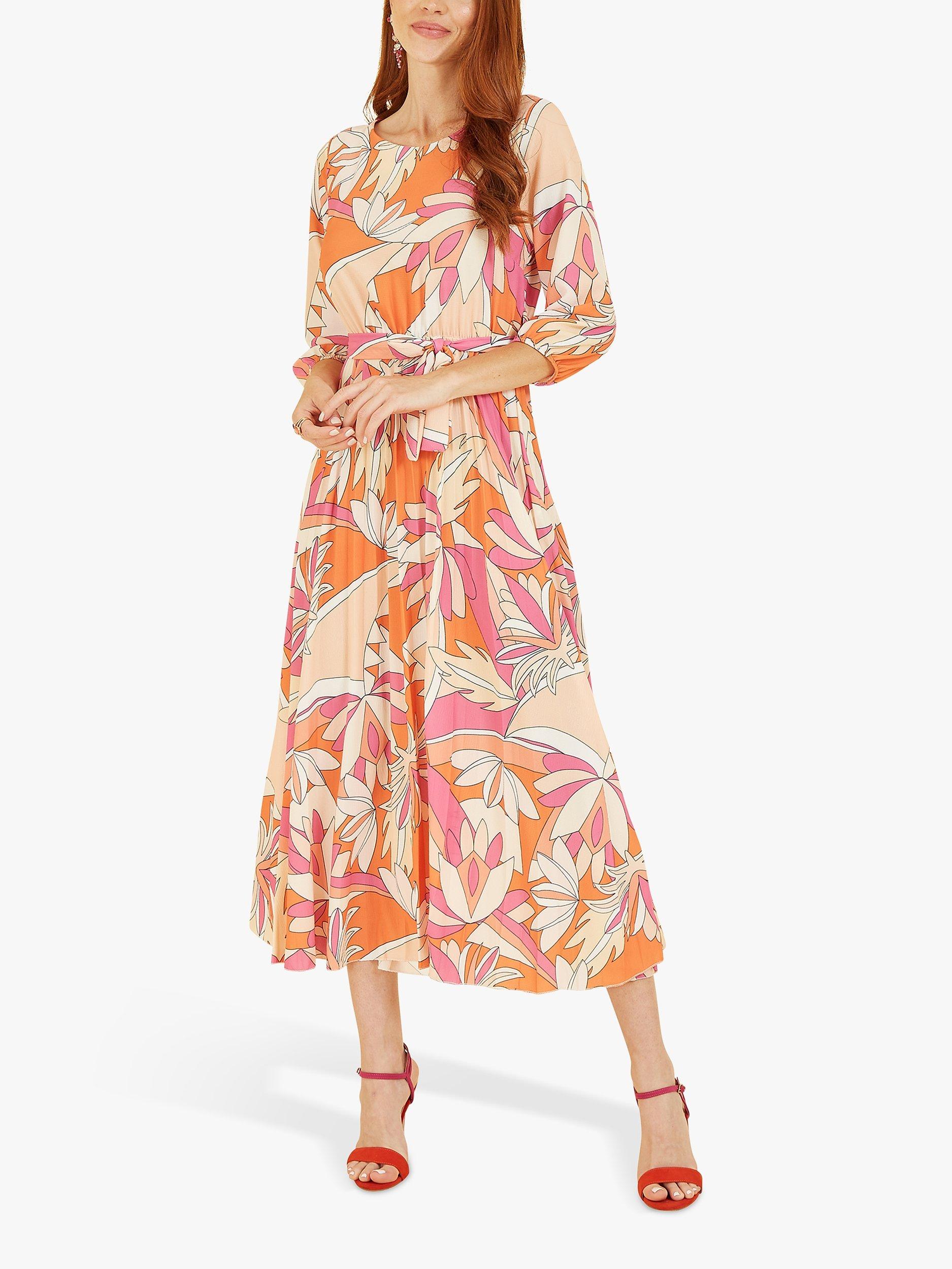 Yumi Abstract Print Pleated Midi Dress, Orange/Multi