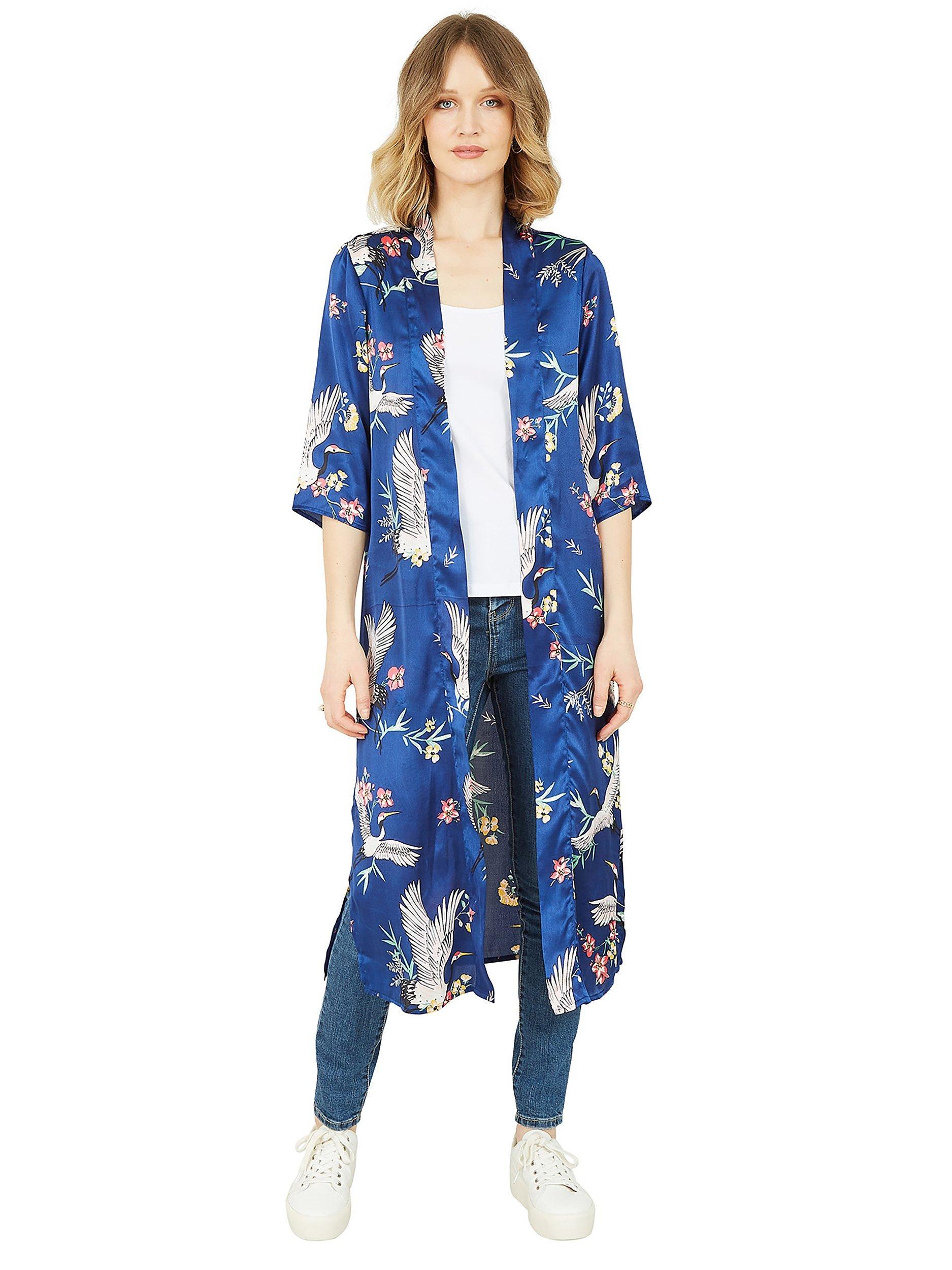 Product image 1 of 6, which shows Yumi Crane and Flower Print Satin Kimono, Navy/Multi, S-M