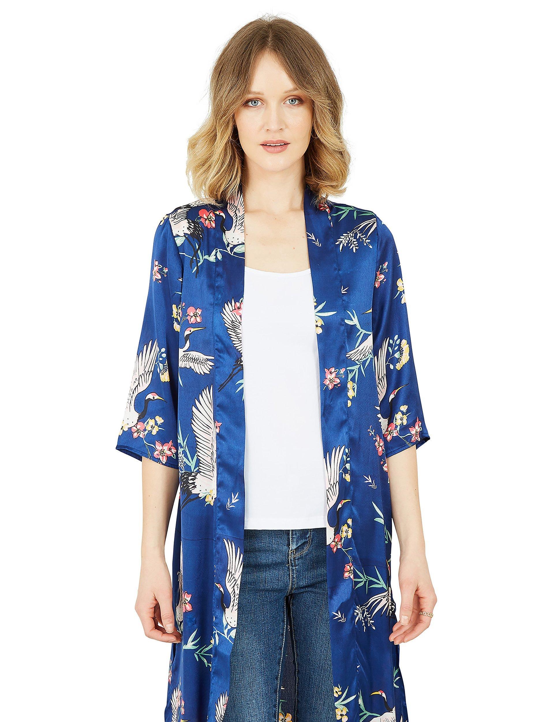 Product image 2 of 6, which shows Yumi Crane and Flower Print Satin Kimono, Navy/Multi, S-M