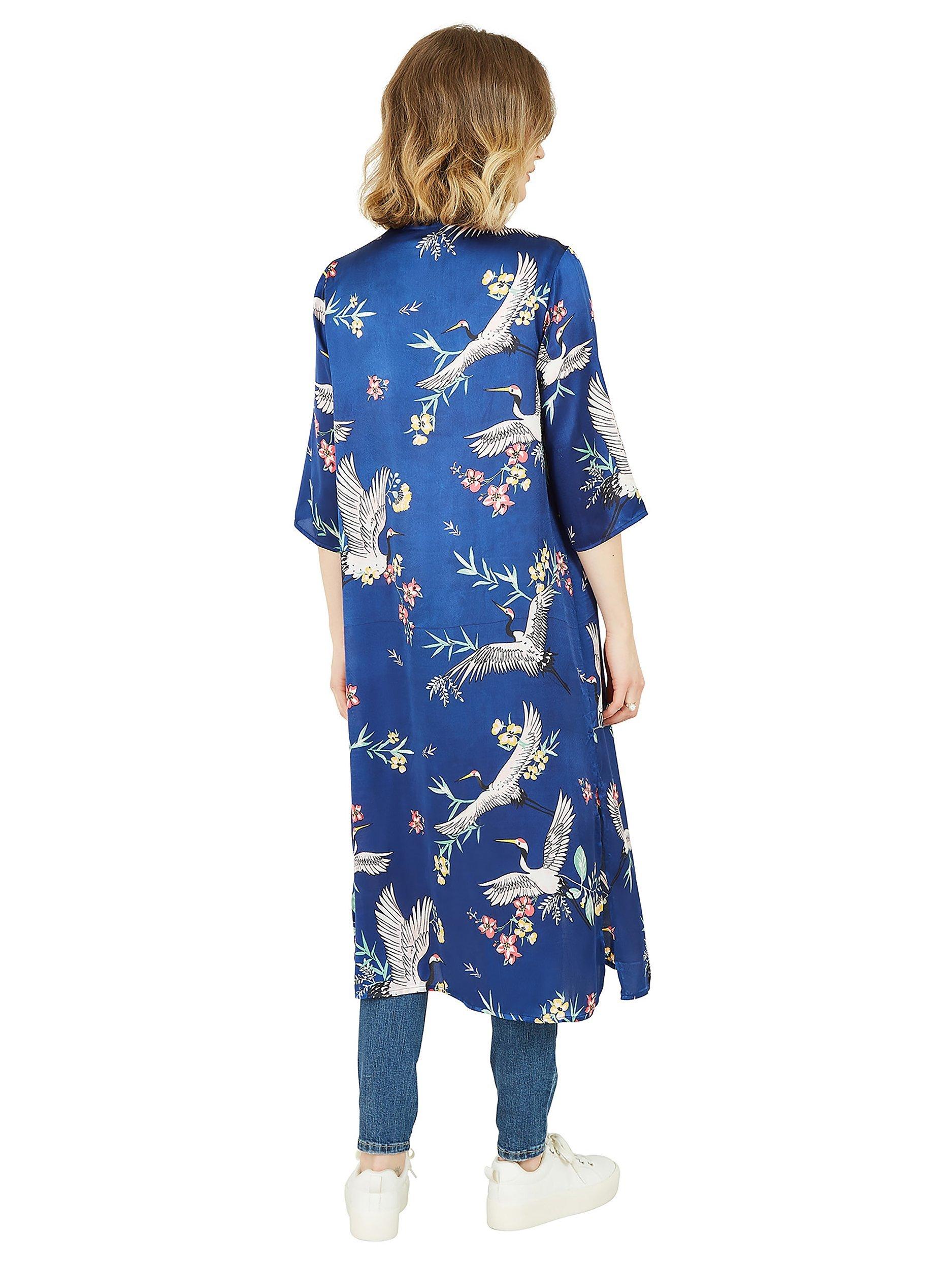 Product image 3 of 6, which shows Yumi Crane and Flower Print Satin Kimono, Navy/Multi, S-M