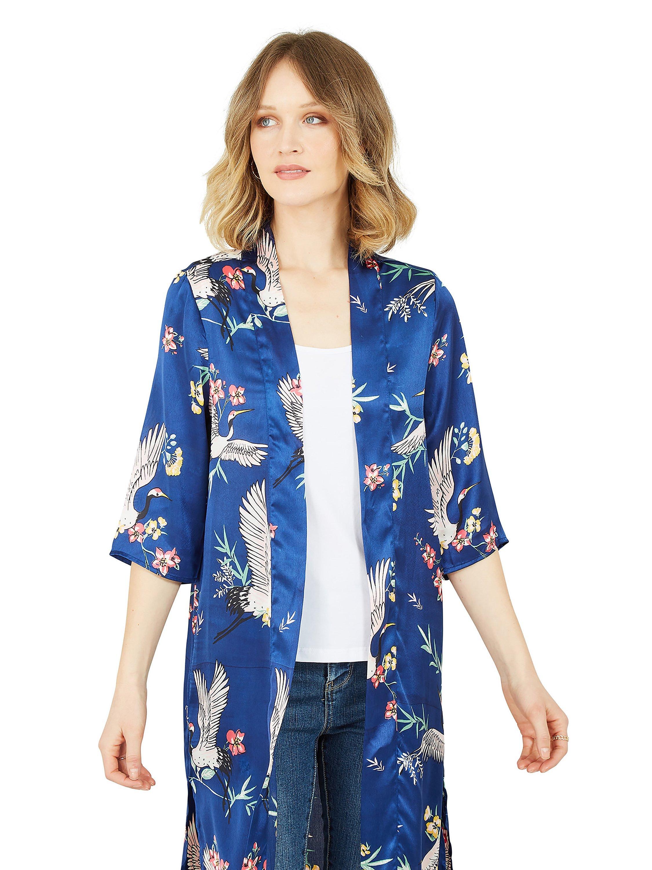 Product image 4 of 6, which shows Yumi Crane and Flower Print Satin Kimono, Navy/Multi, S-M