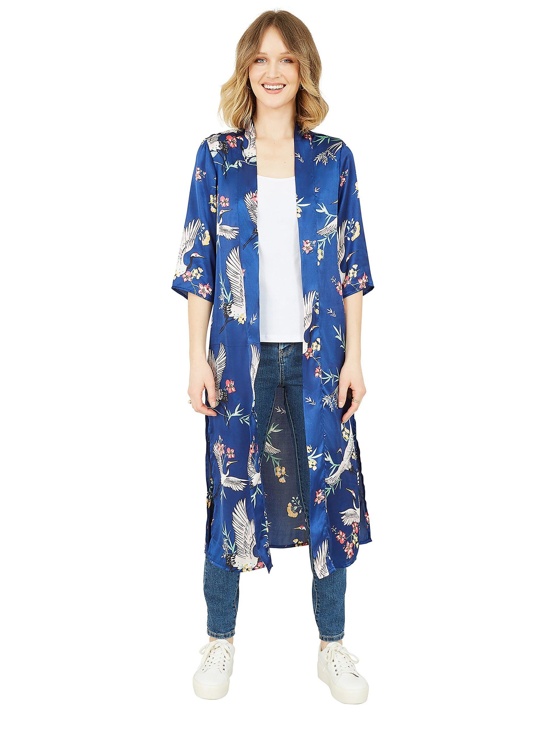 Product image 5 of 6, which shows Yumi Crane and Flower Print Satin Kimono, Navy/Multi, S-M