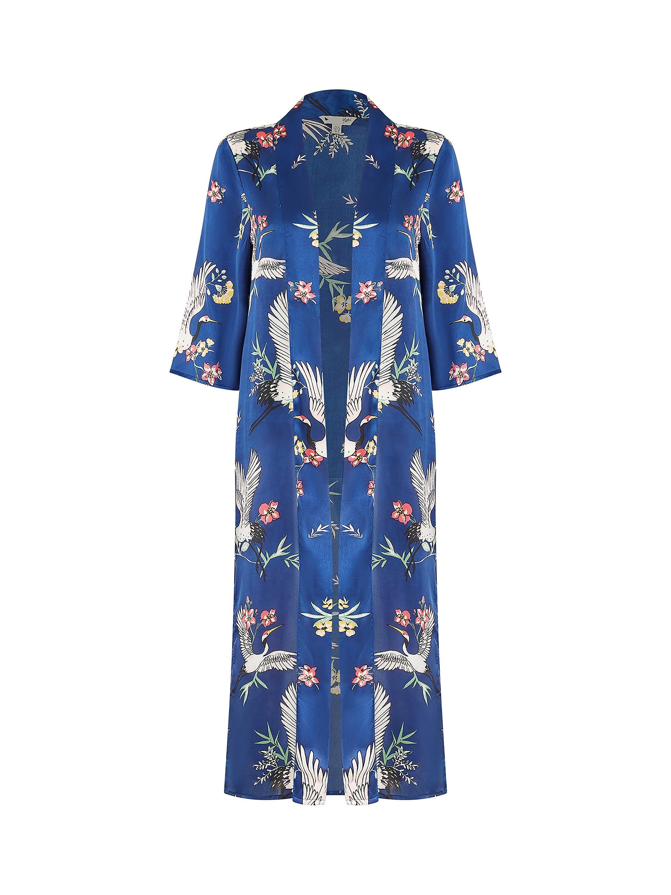 Product image 6 of 6, which shows Yumi Crane and Flower Print Satin Kimono, Navy/Multi, S-M