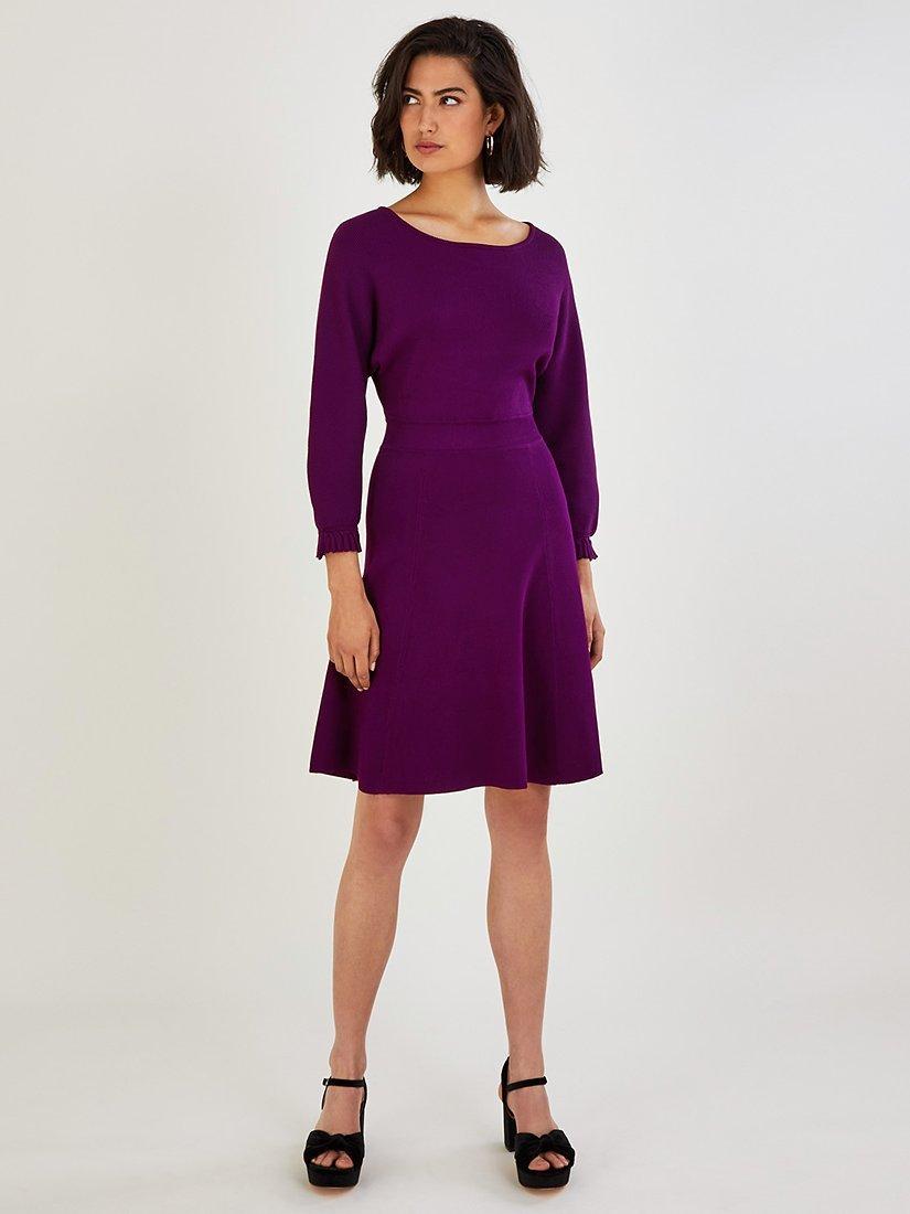 Monsoon Pleat Cuff Knit Dress, Plum