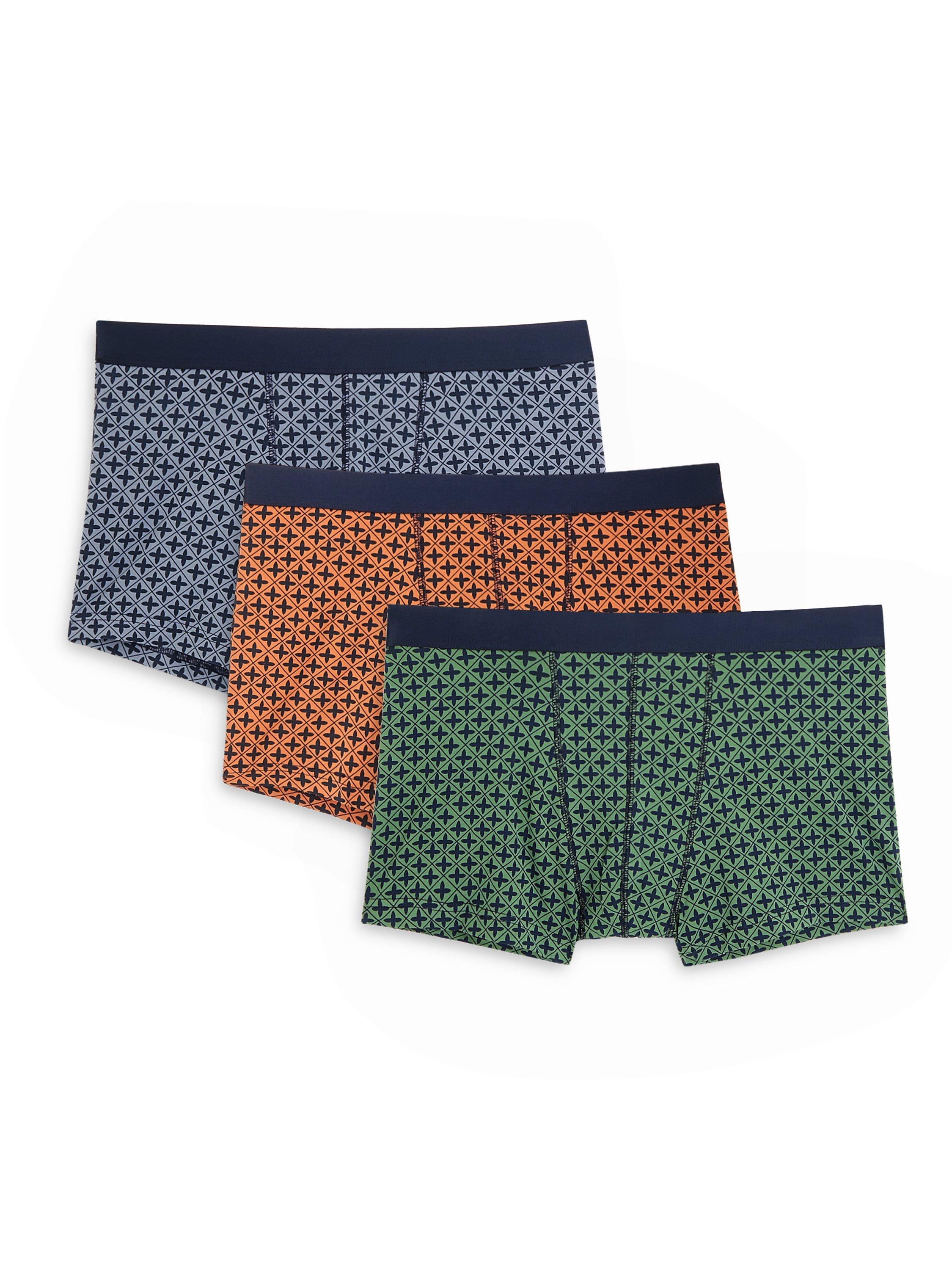 John Lewis Organic Cotton Geo Print Trunks, Pack of 3, Grn/Terr/Blu