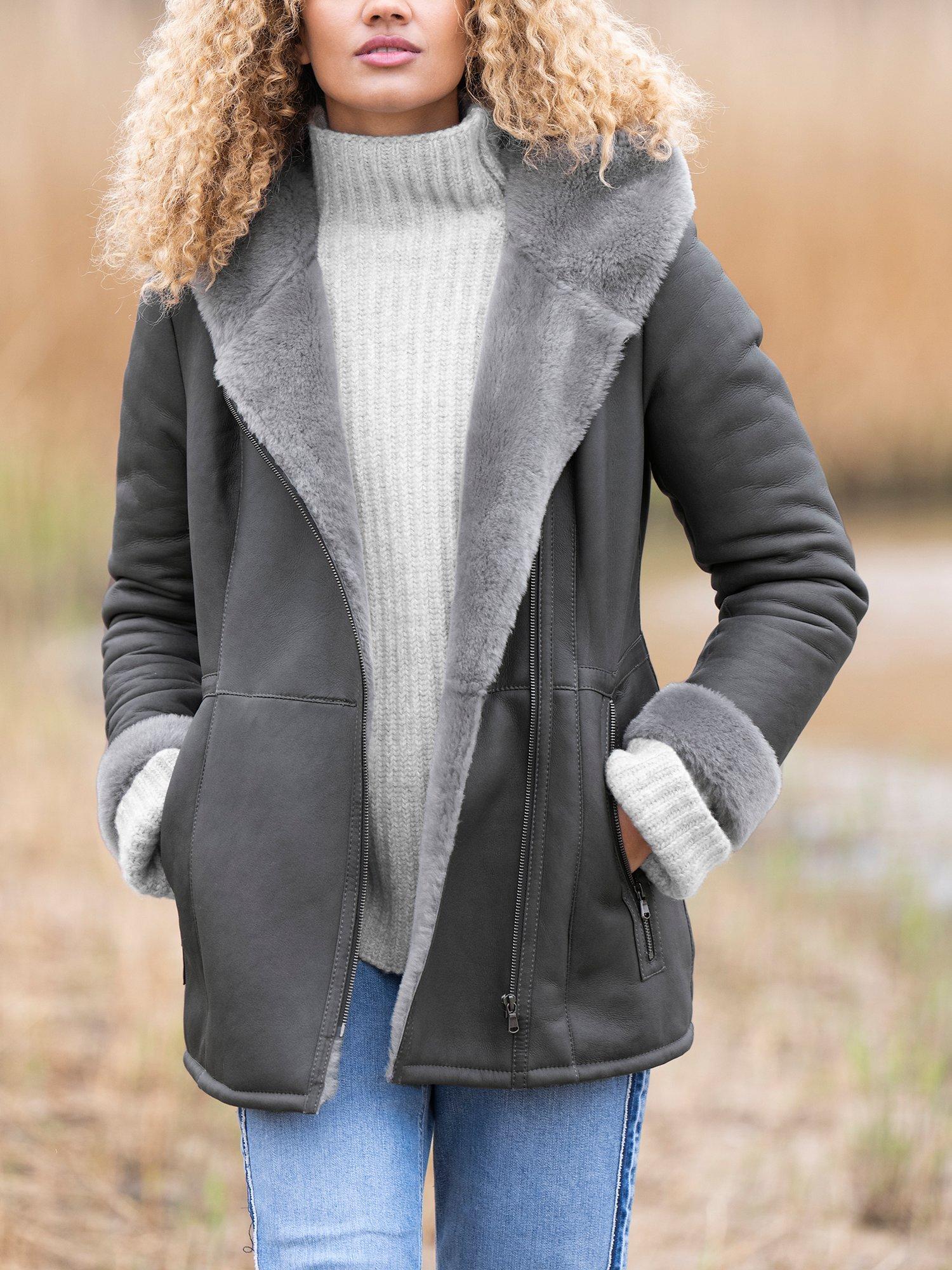 Celtic & Co. Hooded Zip Sheepskin Coat, Grey