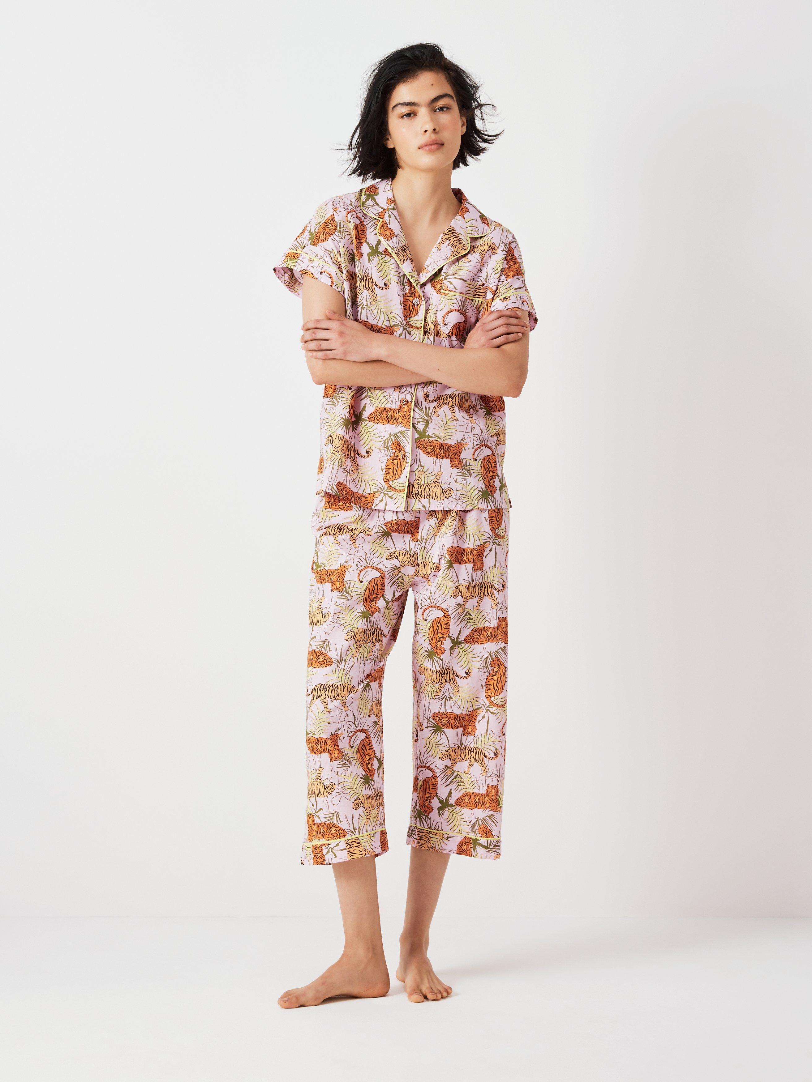 John Lewis Melani Tiger Cropped Shirt Pyjama Set, Pink