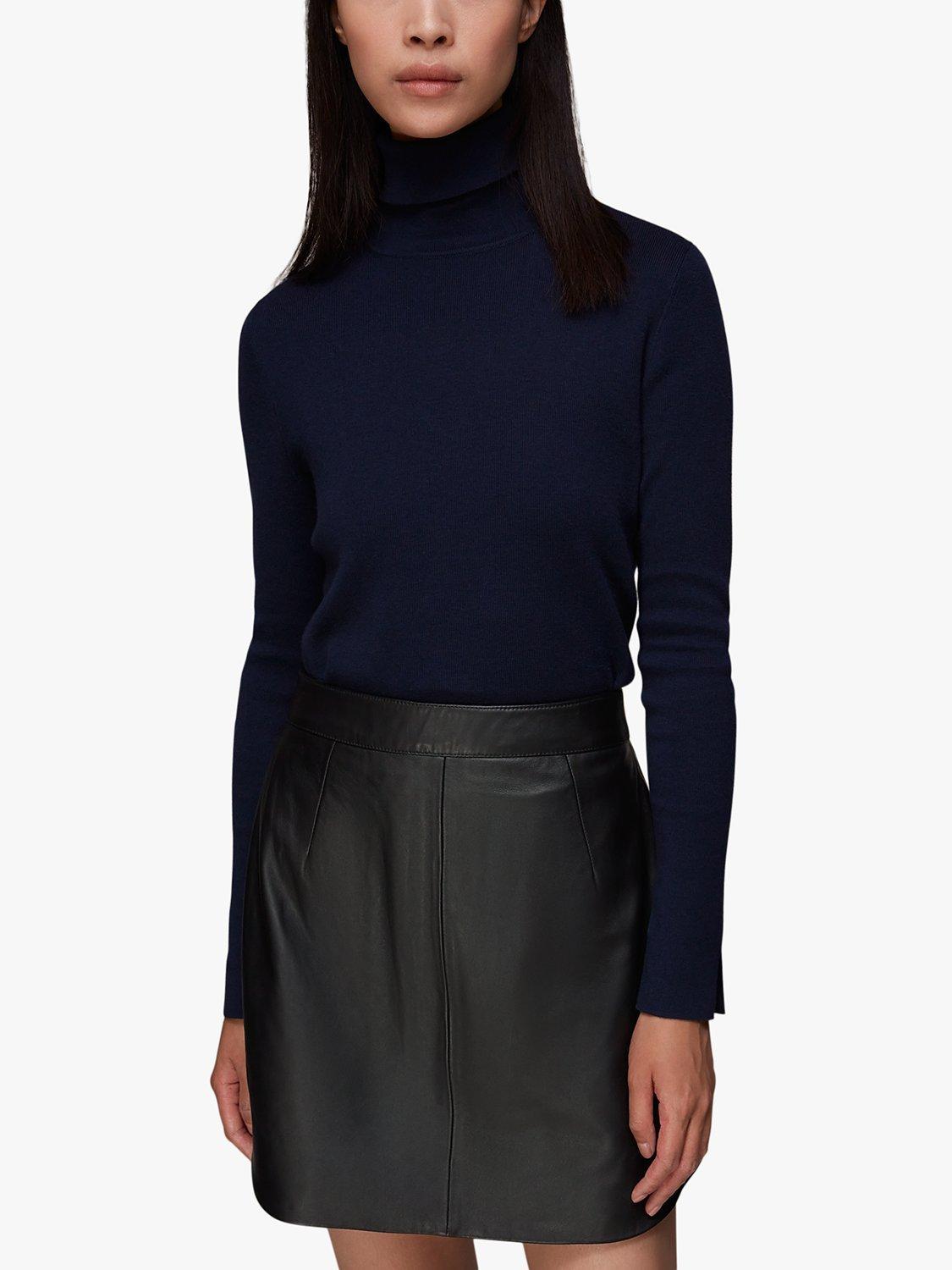 Product image 1 of 6, which shows Whistles Leather Curved Hem Mini Skirt, Black, 18