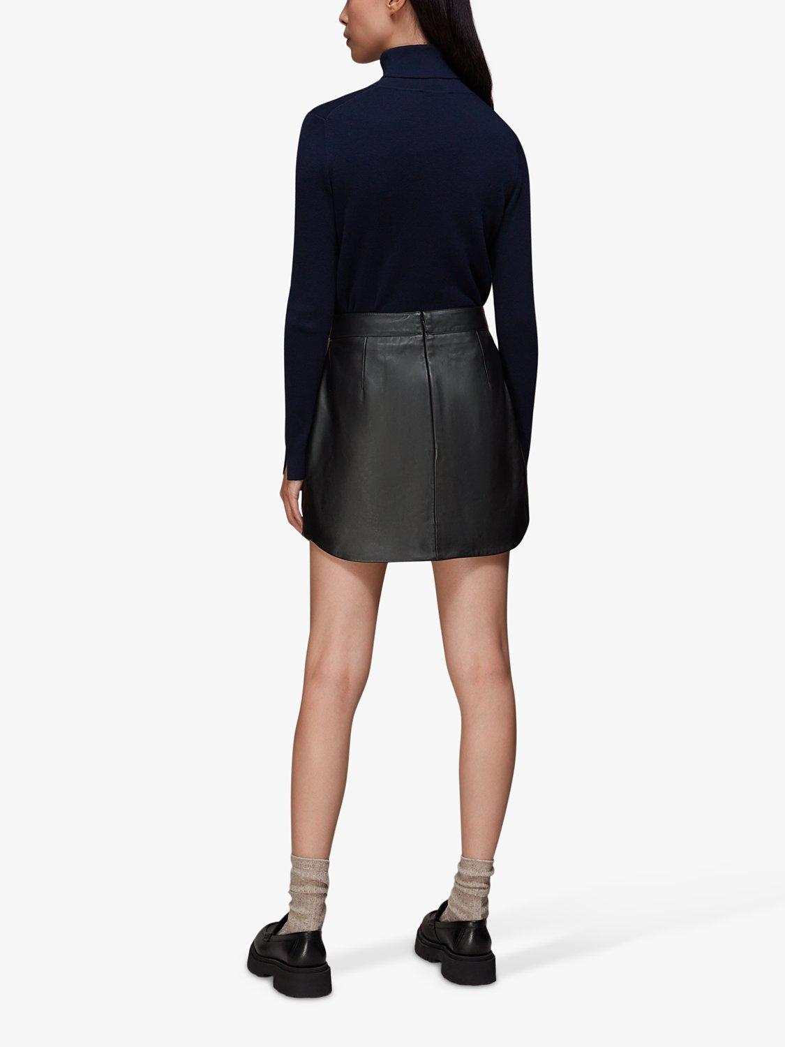 Product image 2 of 6, which shows Whistles Leather Curved Hem Mini Skirt, Black, 18