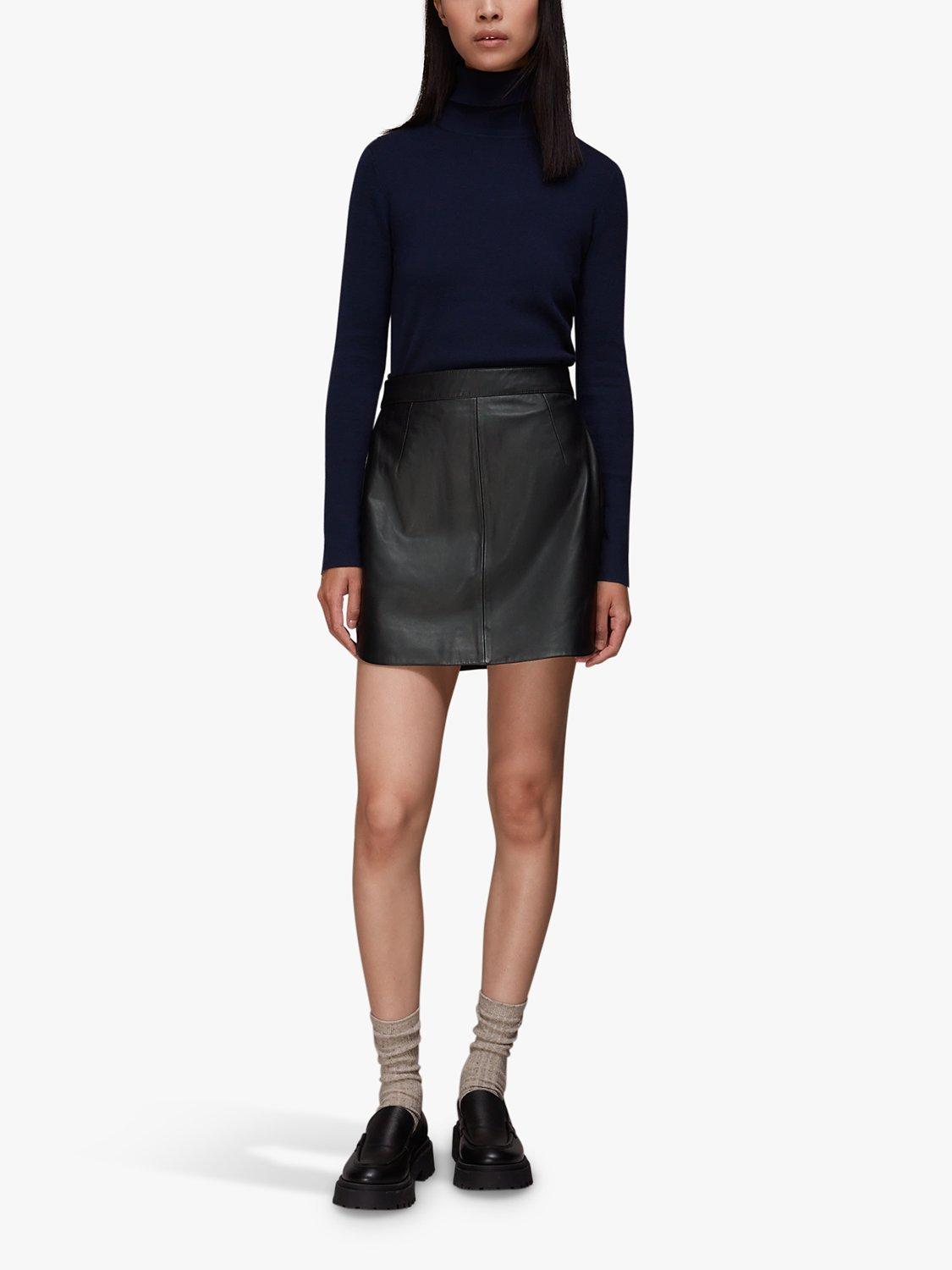Product image 3 of 6, which shows Whistles Leather Curved Hem Mini Skirt, Black, 18