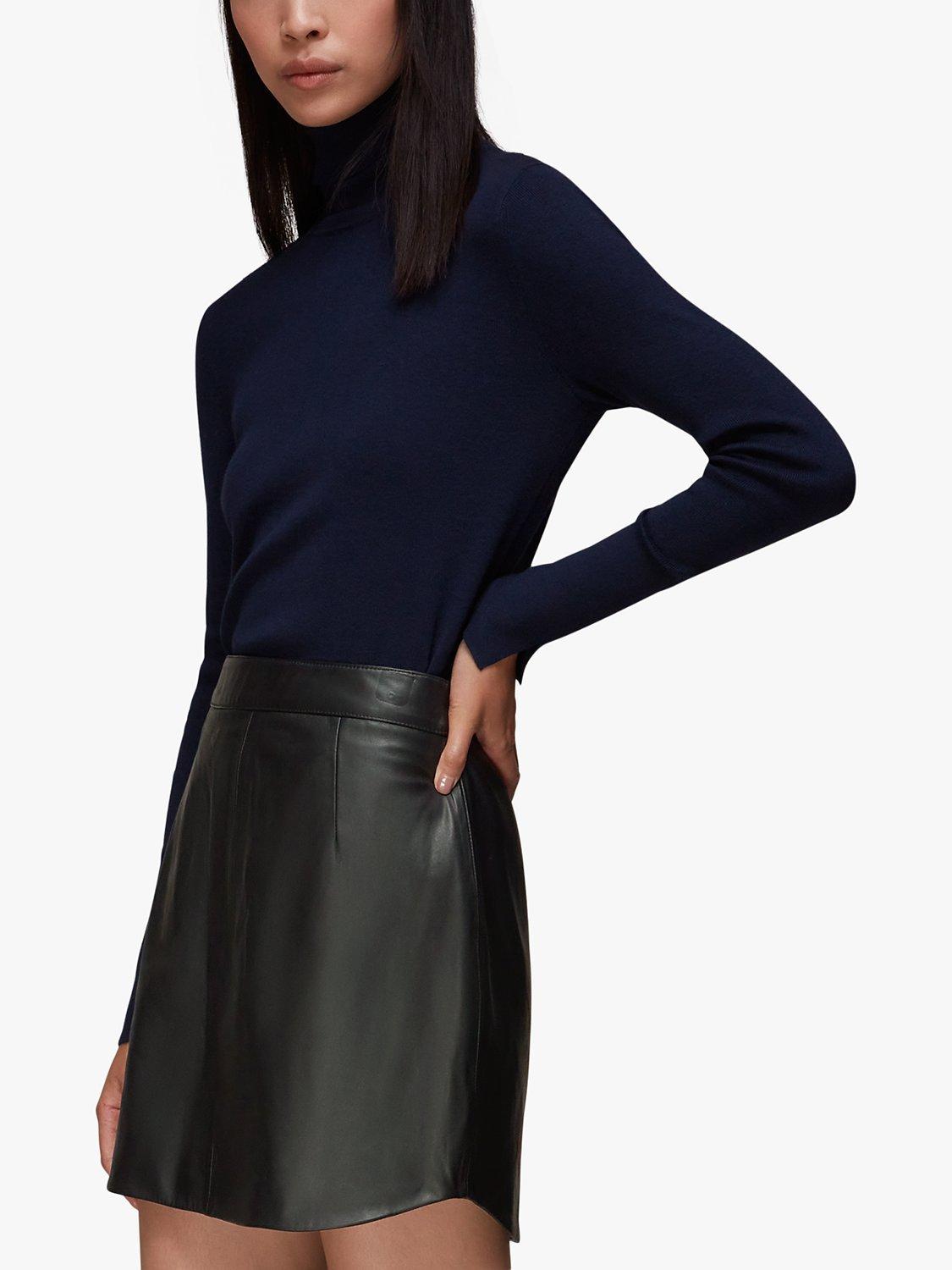 Product image 4 of 6, which shows Whistles Leather Curved Hem Mini Skirt, Black, 18