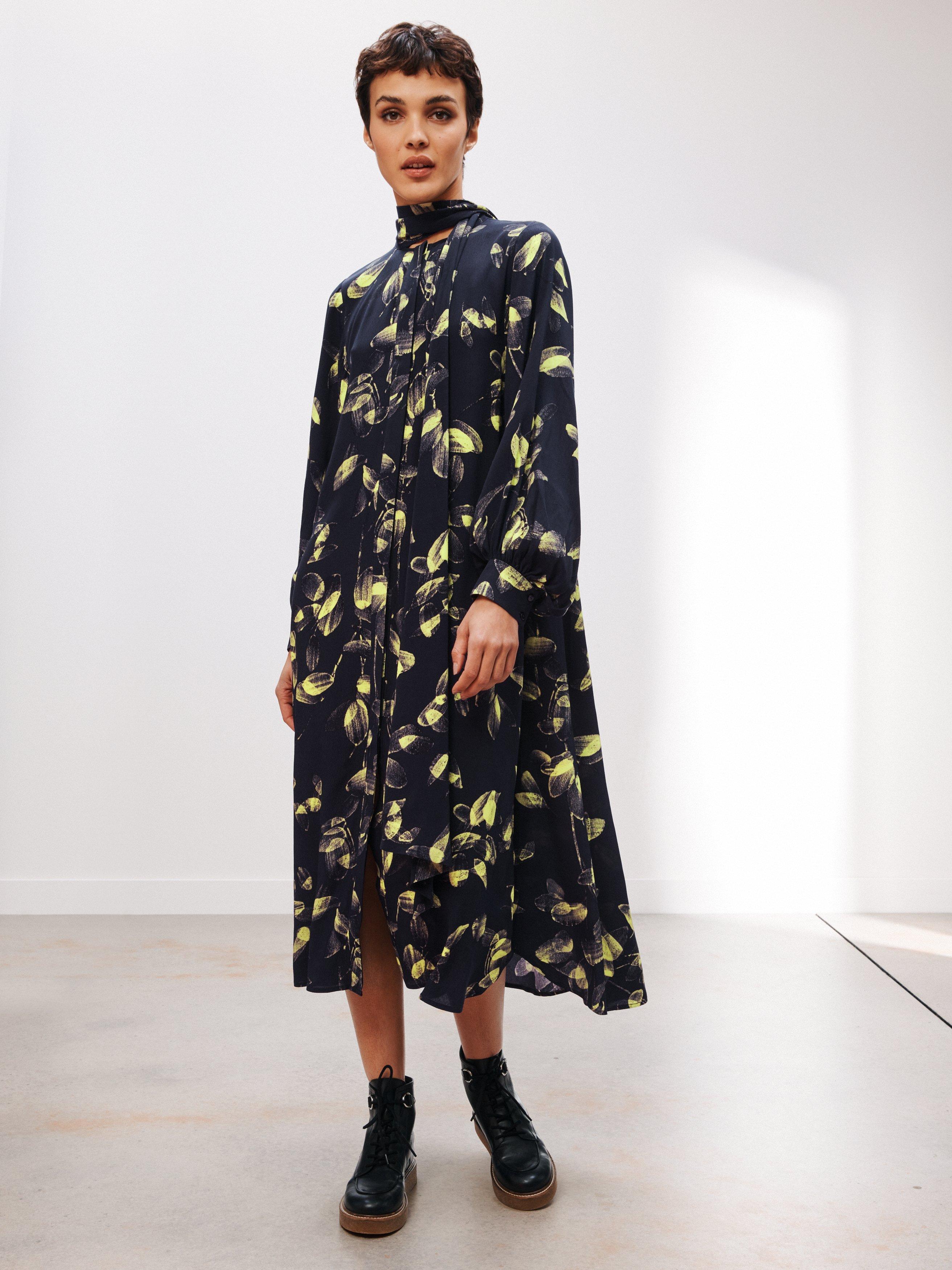 Kin Painterly Petal Tie Neck Midi Dress, Mood Indigo