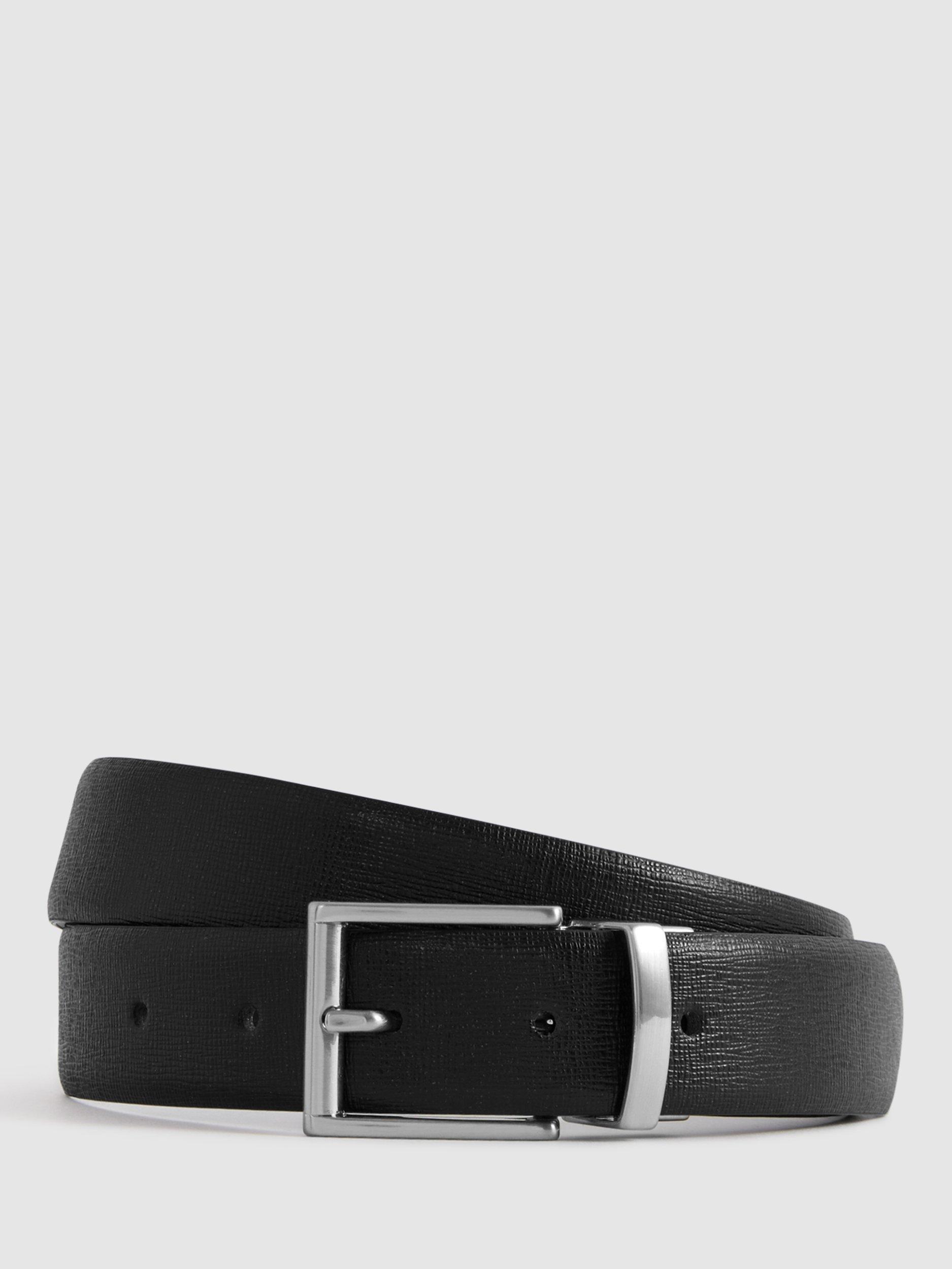 Product image 1 of 5, which shows Reiss Ricky Saffiano Leather Reversible Belt, Black, 28R