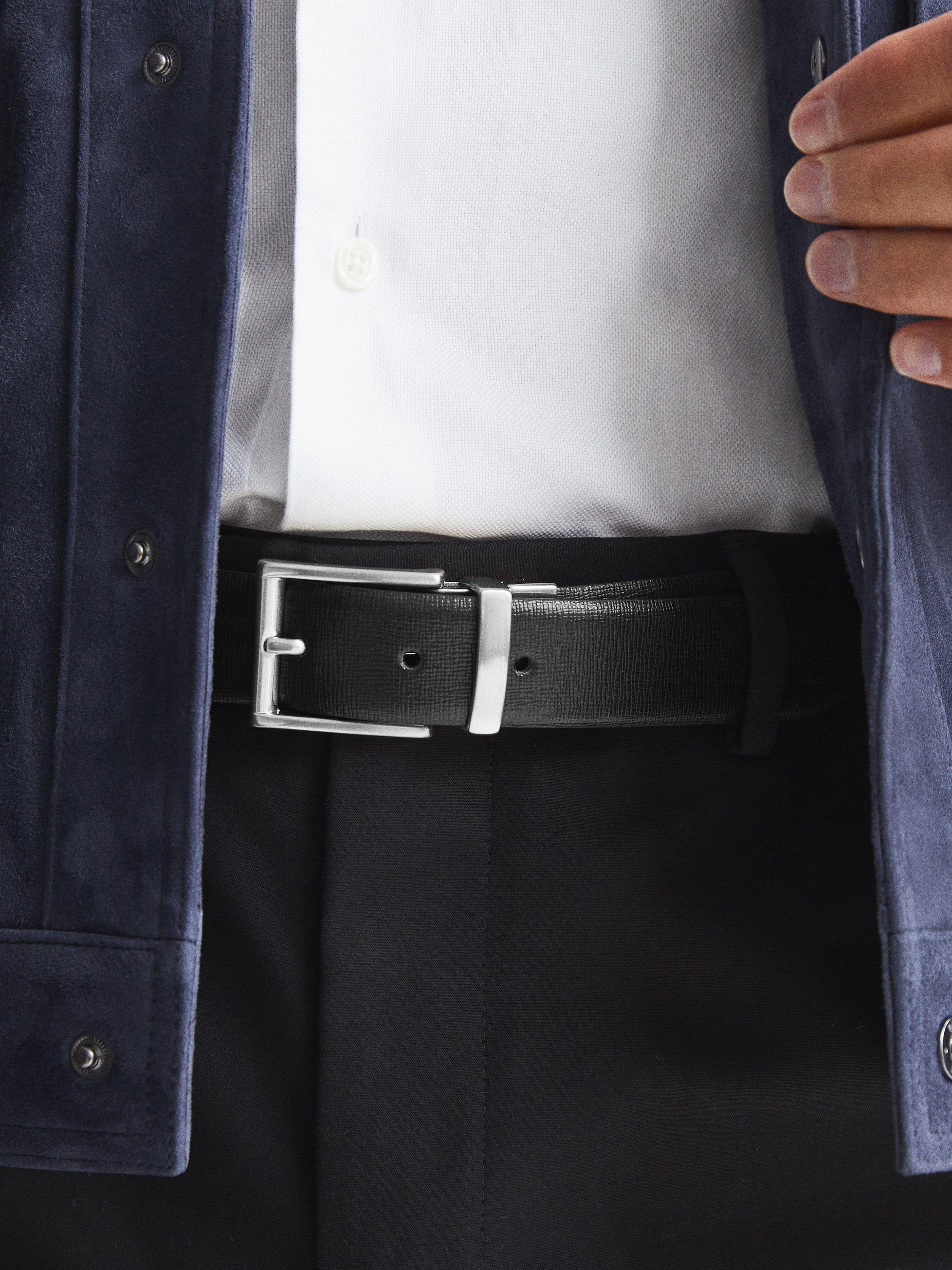 Product image 5 of 5, which shows Reiss Ricky Saffiano Leather Reversible Belt, Black, 28R
