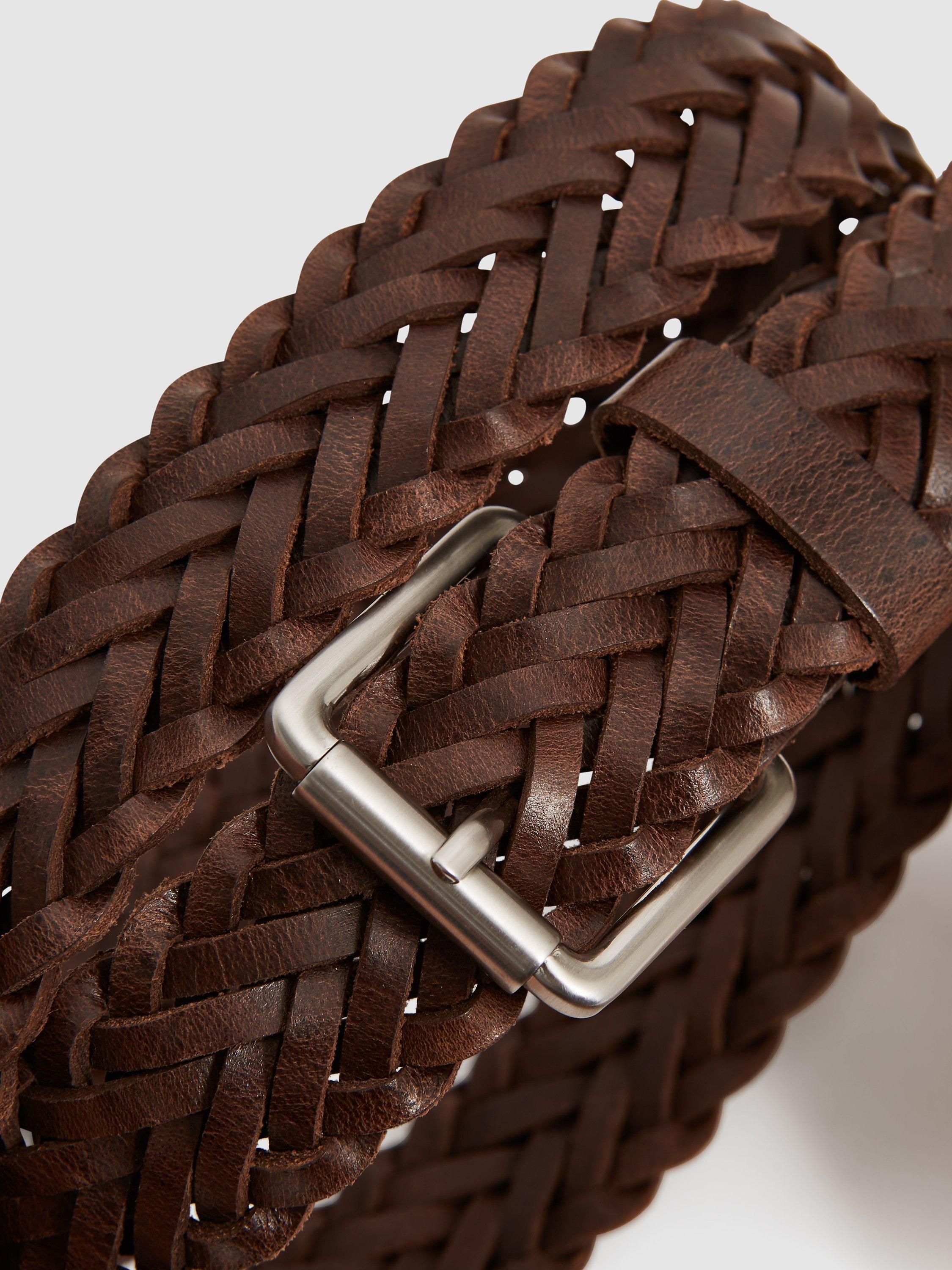 Reiss Carlton Braided Leather Belt, Chocolate, 28R