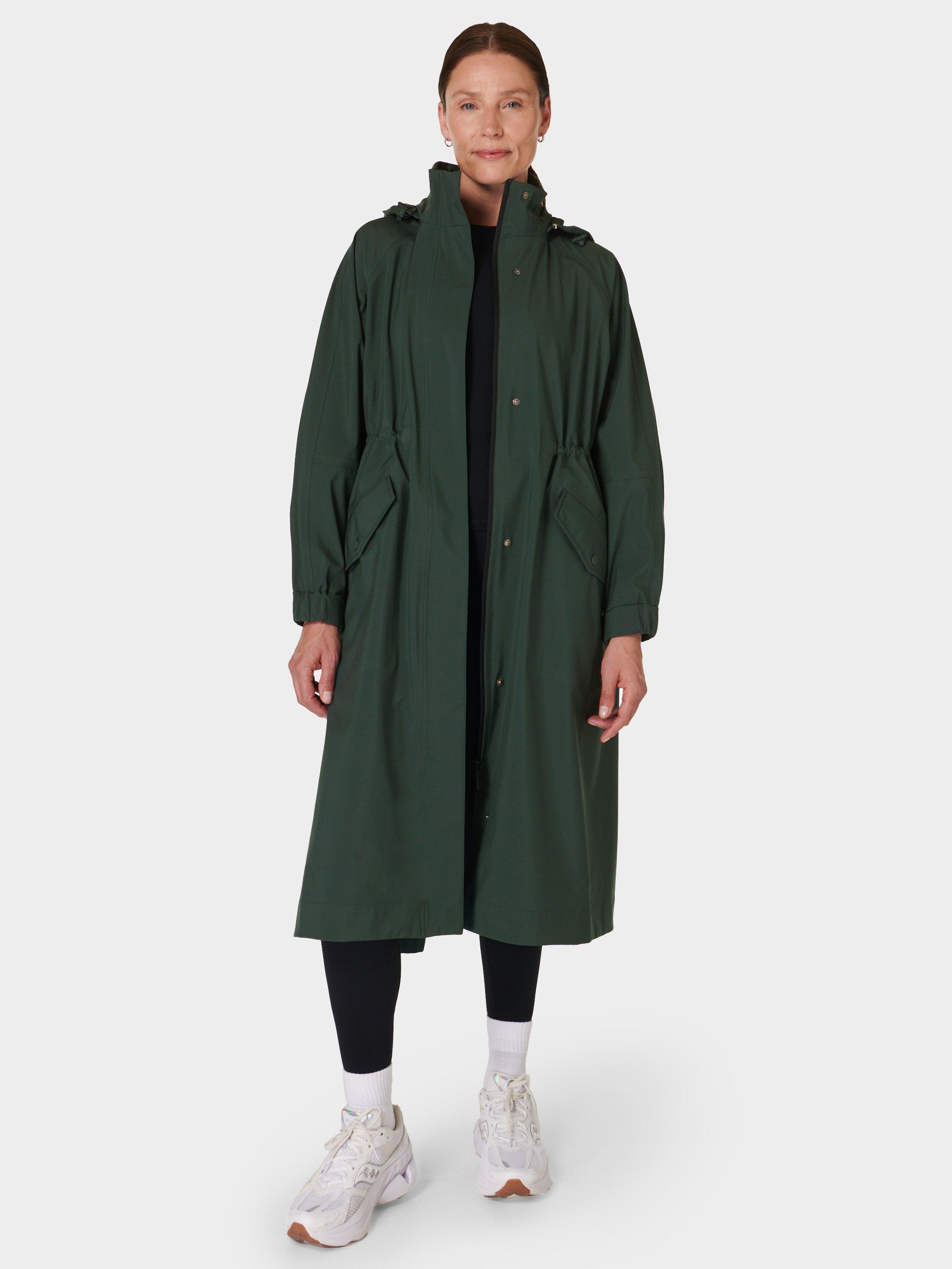 Product image 1 of 6, which shows Sweaty Betty Motion Longline Waterproof Parka, Trek Green, XS