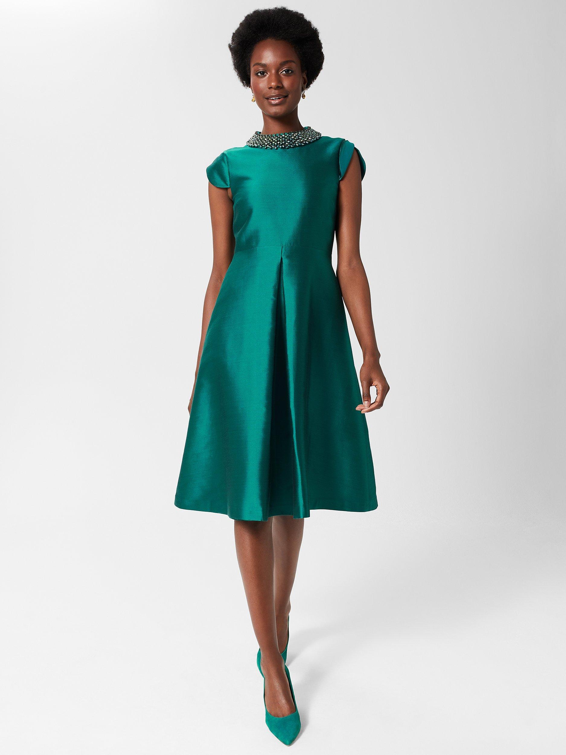 Hobbs Christie Embellished Neck Dress, Jewel Green