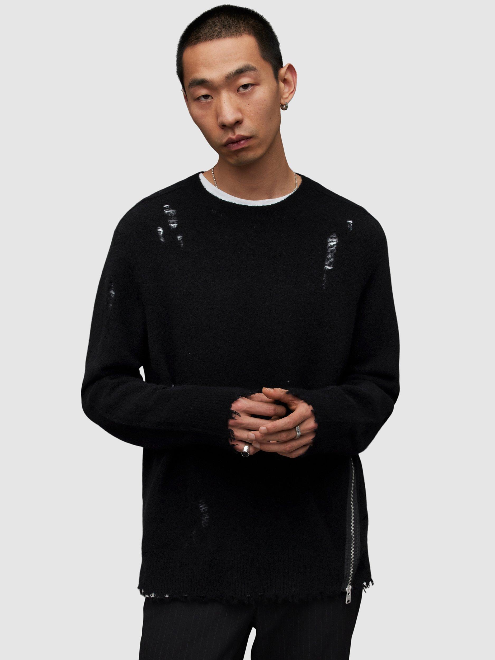 AllSaints Disorder Zip Detail Crew Neck Jumper, Black
