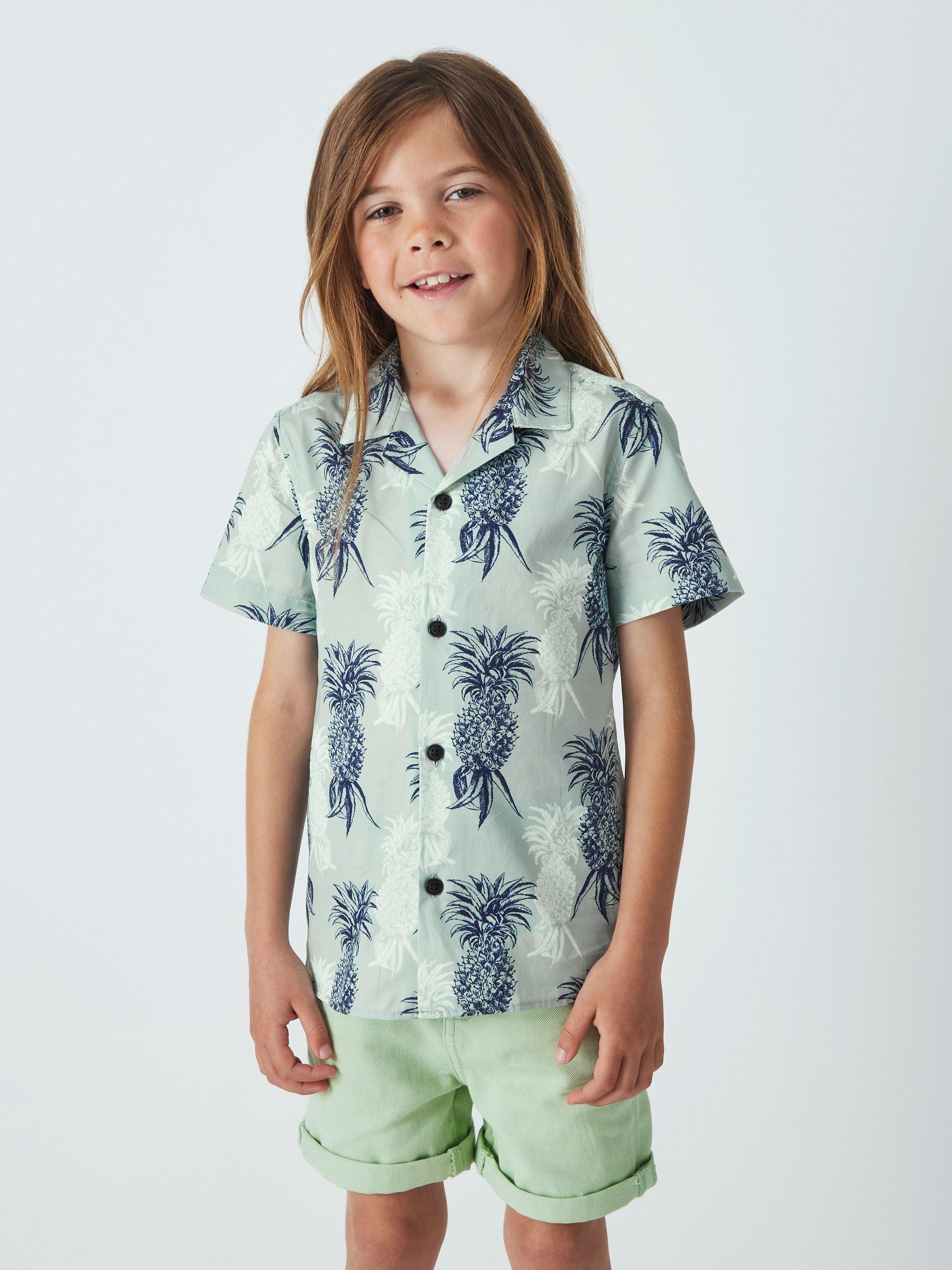 John Lewis Heirloom Collection Kids' Pineapple Cuban Short Sleeve Shirt, Blue
