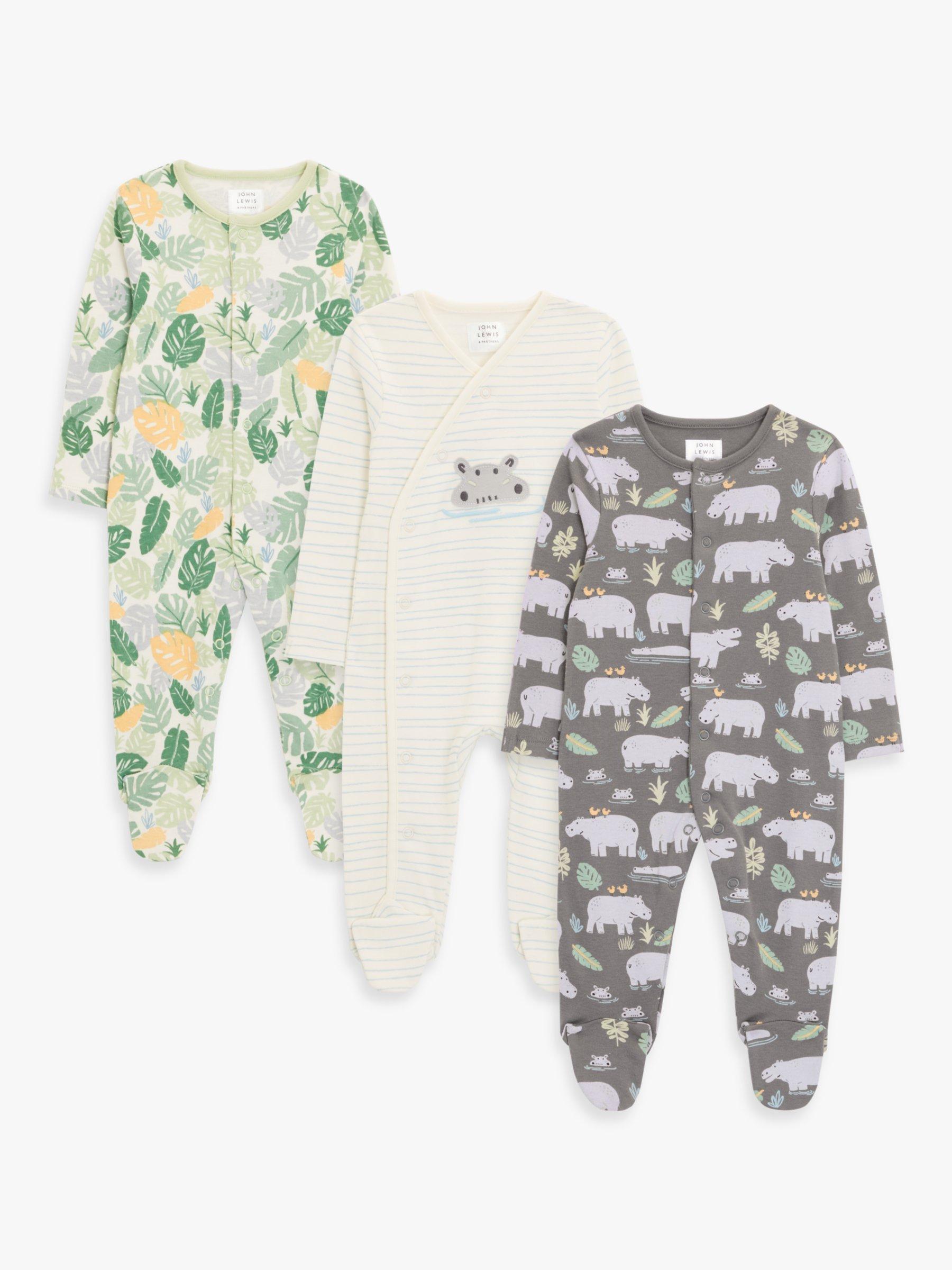 John Lewis Baby Cotton Hippo Print Sleepsuit, Pack of 3, Multi