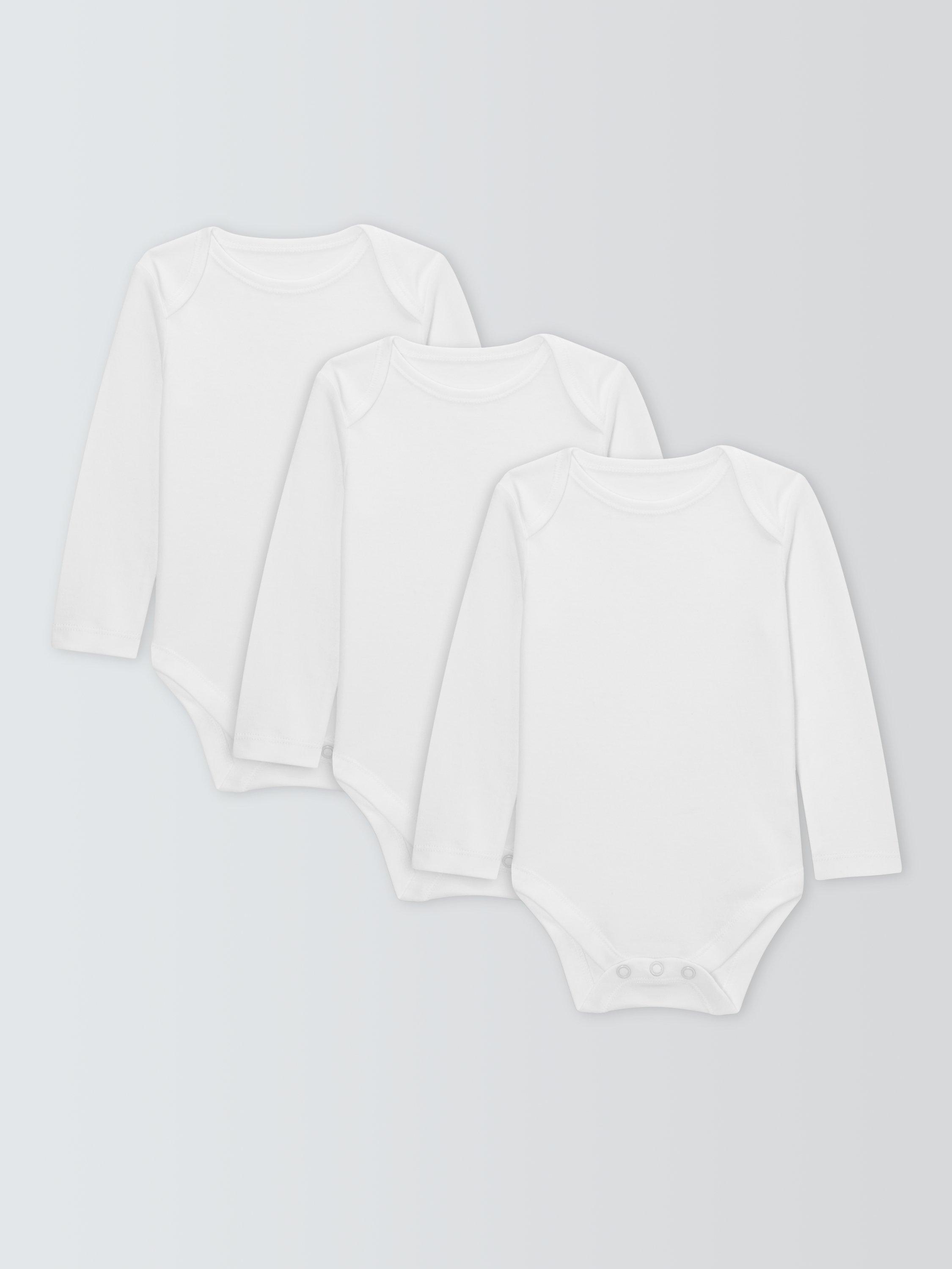 Product image 1 of 3, which shows John Lewis Baby Pima Cotton Long Sleeve Bodysuit, Pack of 3, White, 9-12 months