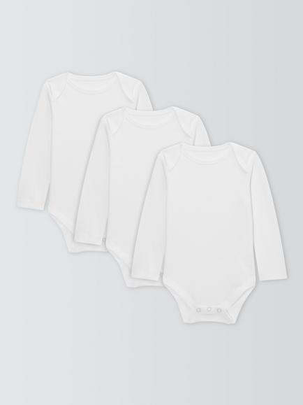 John Lewis Baby Pima Cotton Long Sleeve Bodysuit, Pack of 3, White, White