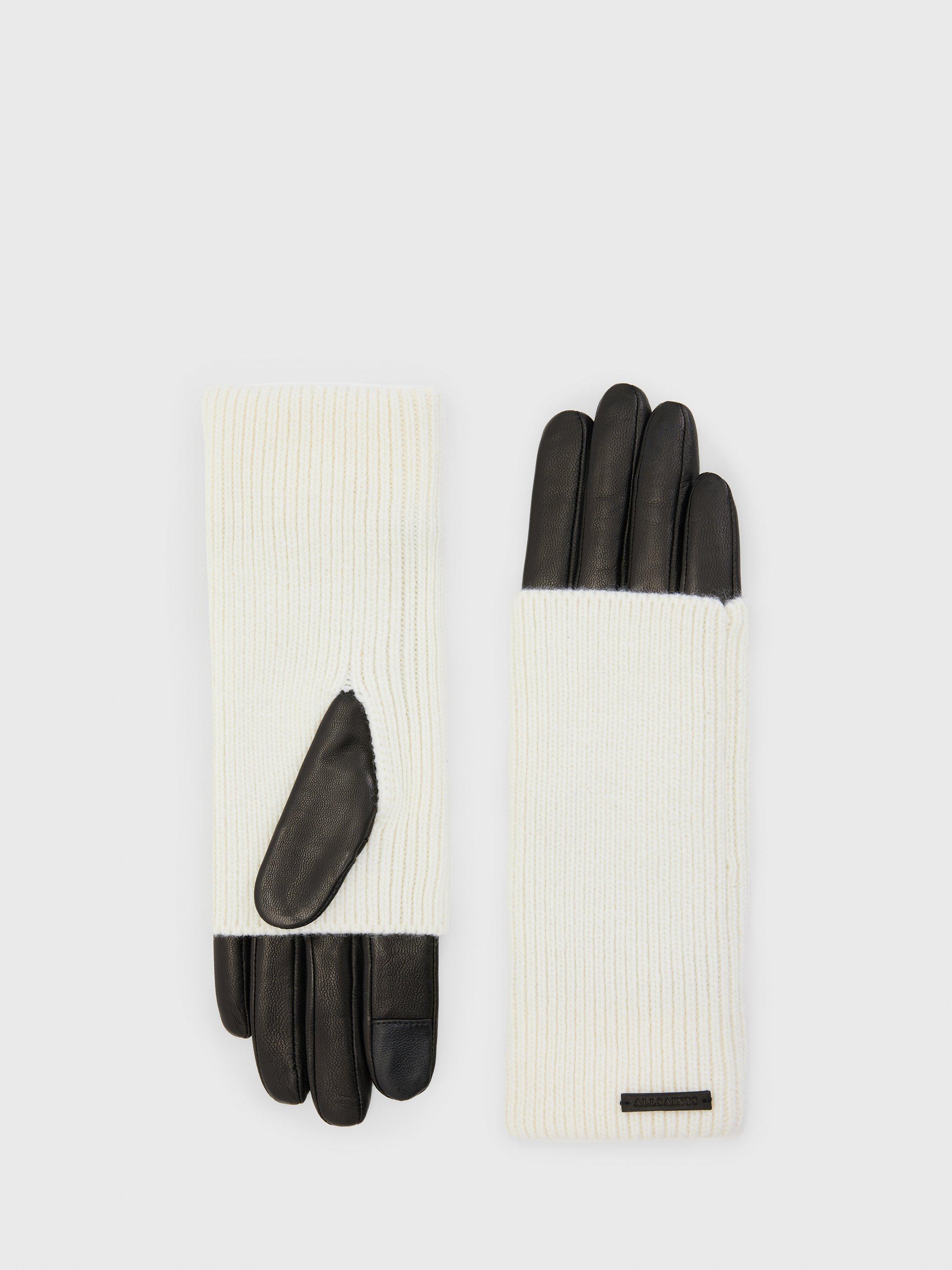 AllSaints Zoya Knitted Cuff Leather Gloves, Chalk White