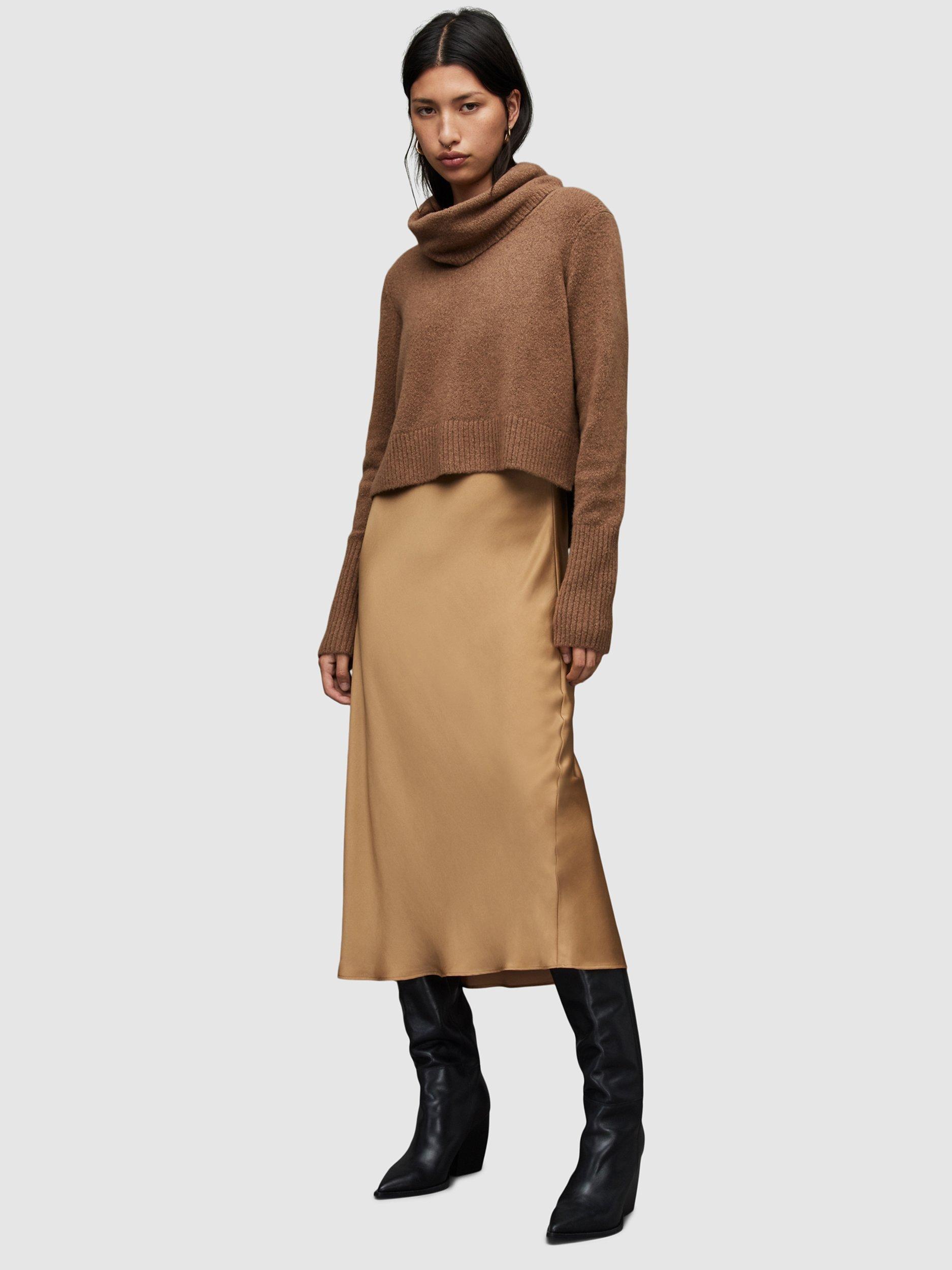 AllSaints Tierny 2-in-1 Roll Neck Slip Dress, Camel Brown