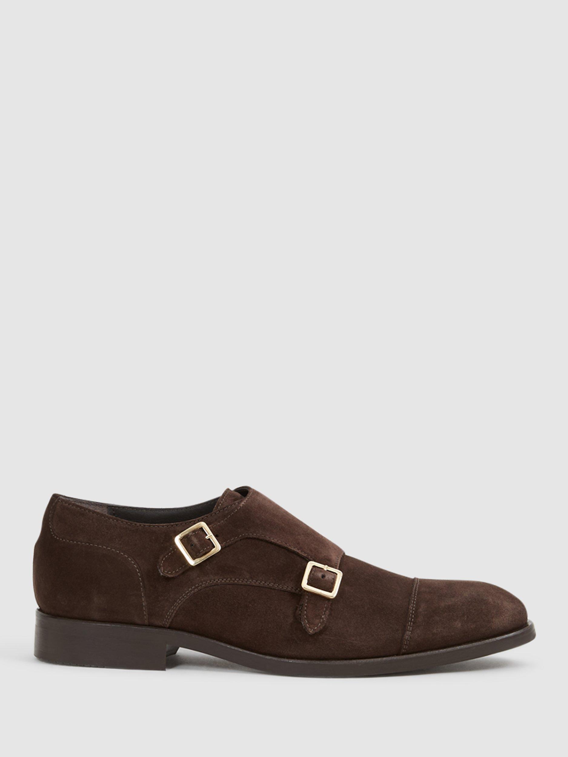 Reiss Rivington Suede Leather Monk Strap Shoes, Chocolate