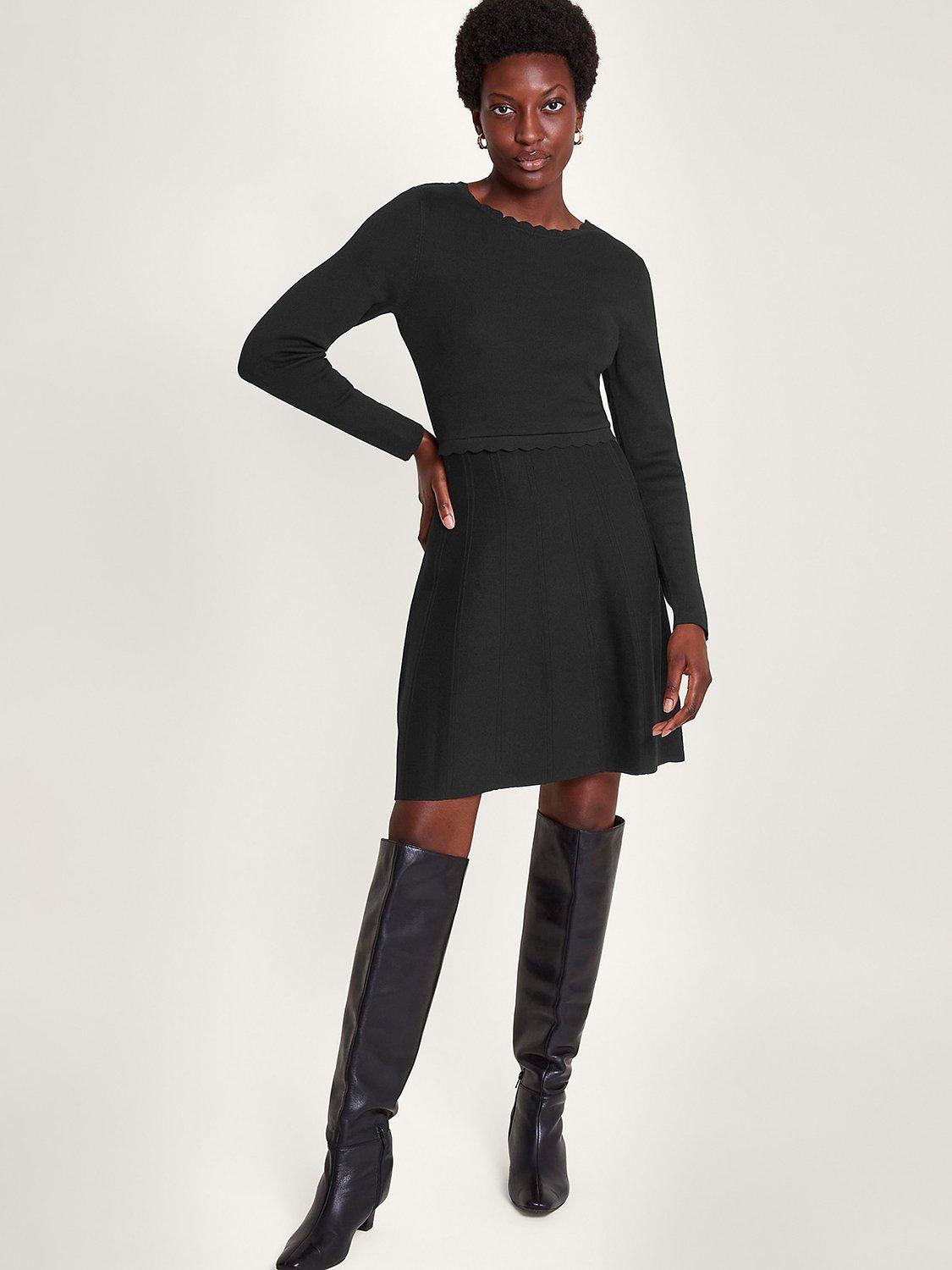Monsoon Tie Back Scallop Neck Dress, Black