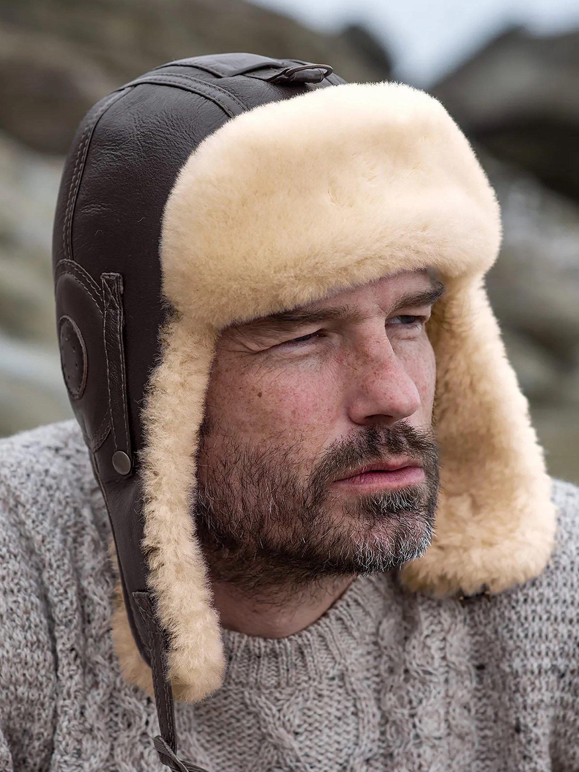 Celtic & Co. Leather Sheepskin Lined Flying Hat, Mocca/Cream