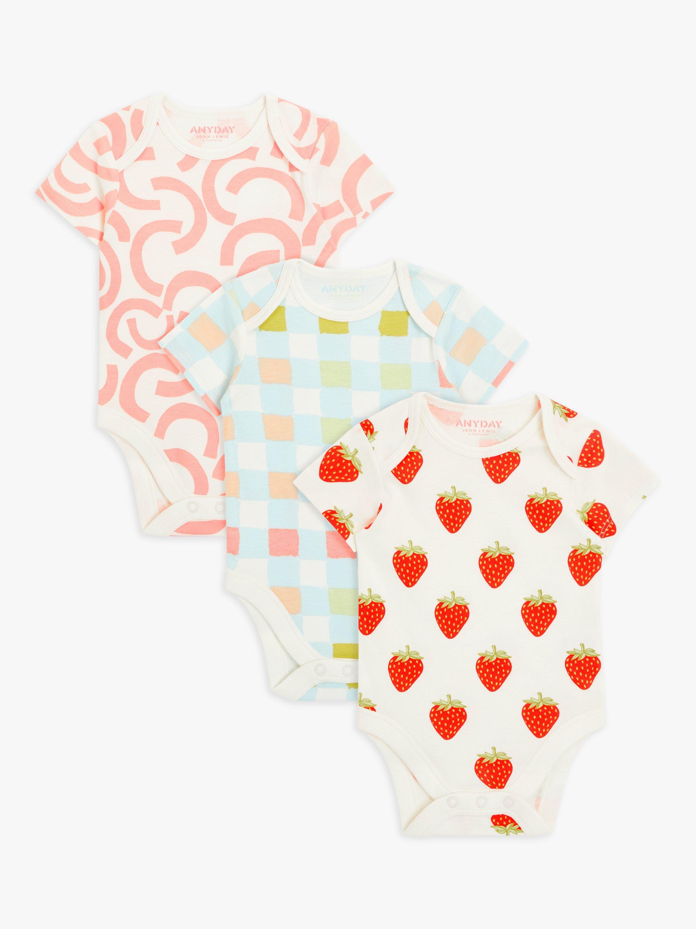 John Lewis ANYDAY Baby Strawberry Mix Short Sleeve Bodysuit, Pack of 3, Multi