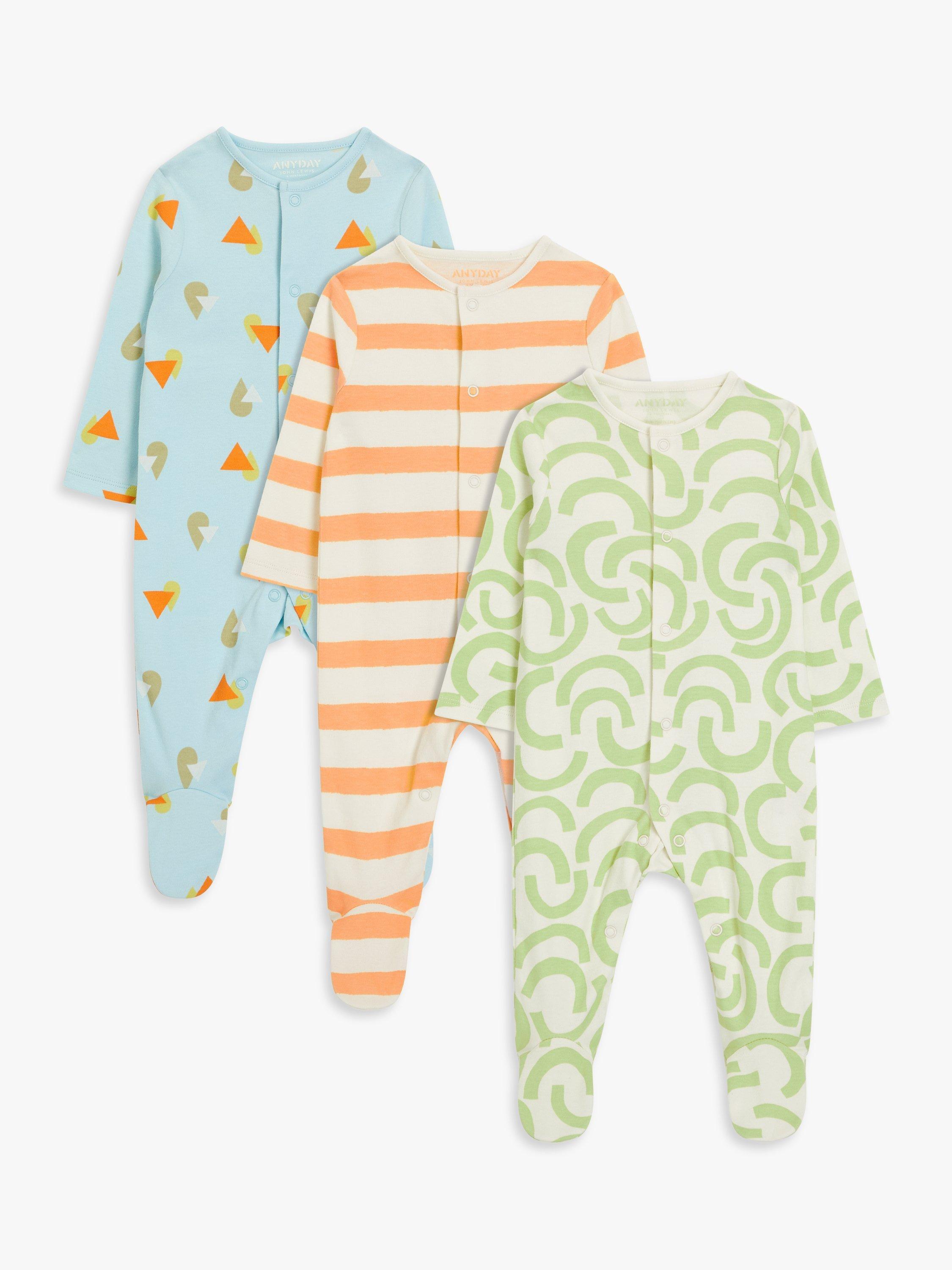 John Lewis ANYDAY Baby Shapes Long Sleeve Sleepsuit, Pack of 3, Multi