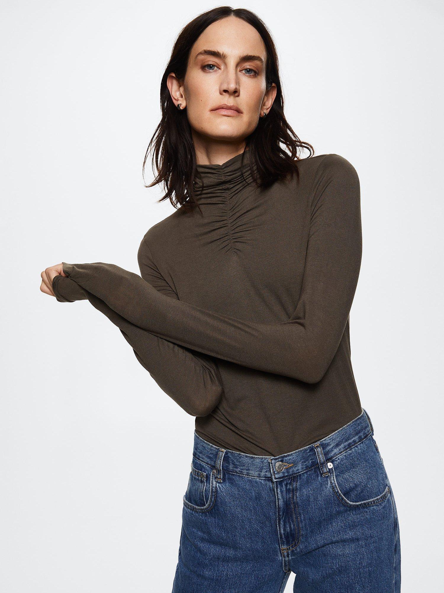 Mango Ruched Roll Neck Jersey Top, Brown, M