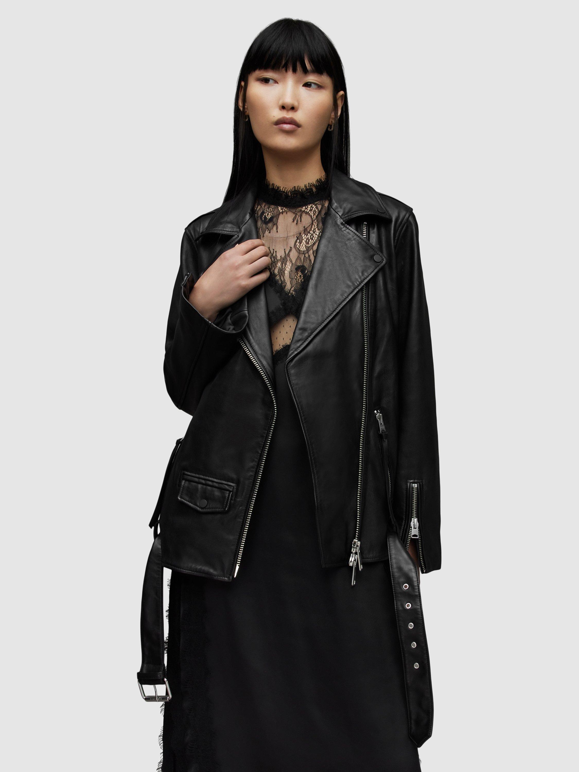 AllSaints Billie Leather Biker Jacket, Black/Black Studs