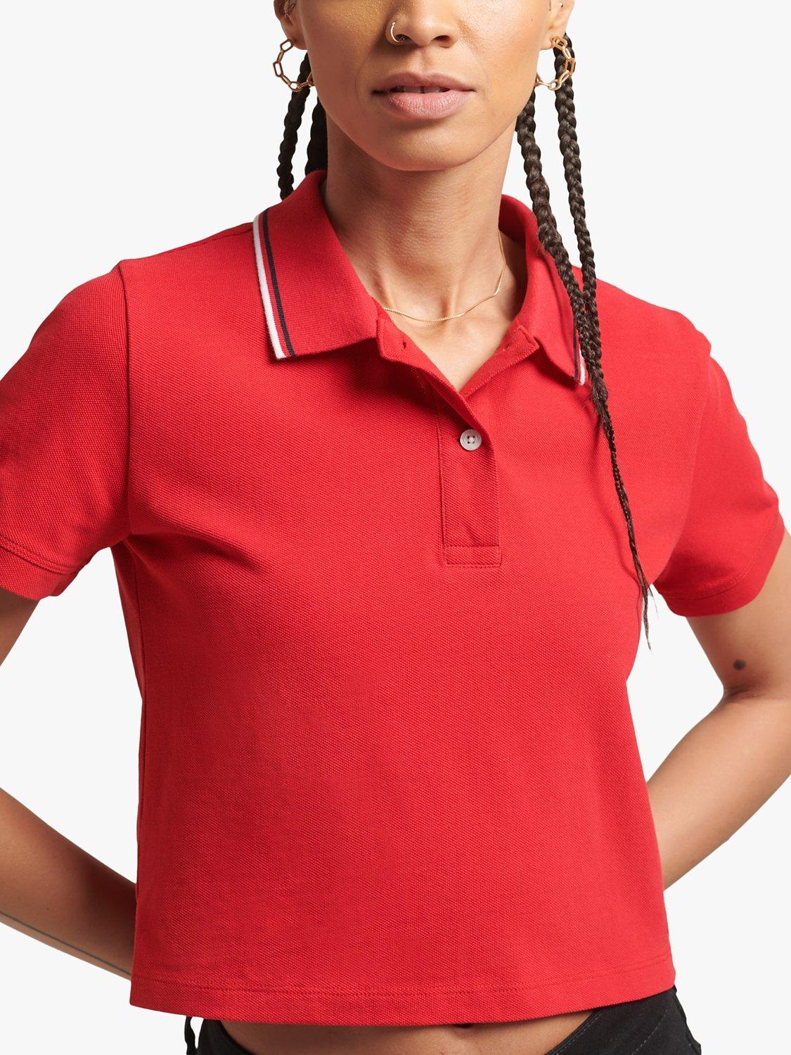 Superdry Crop Polo Shirt, Red, 8