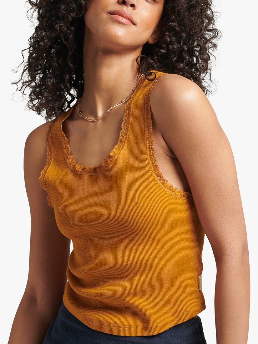 Superdry Organic Cotton Blend Vintage Lace Trim Vest, Tan Marl, XS-S