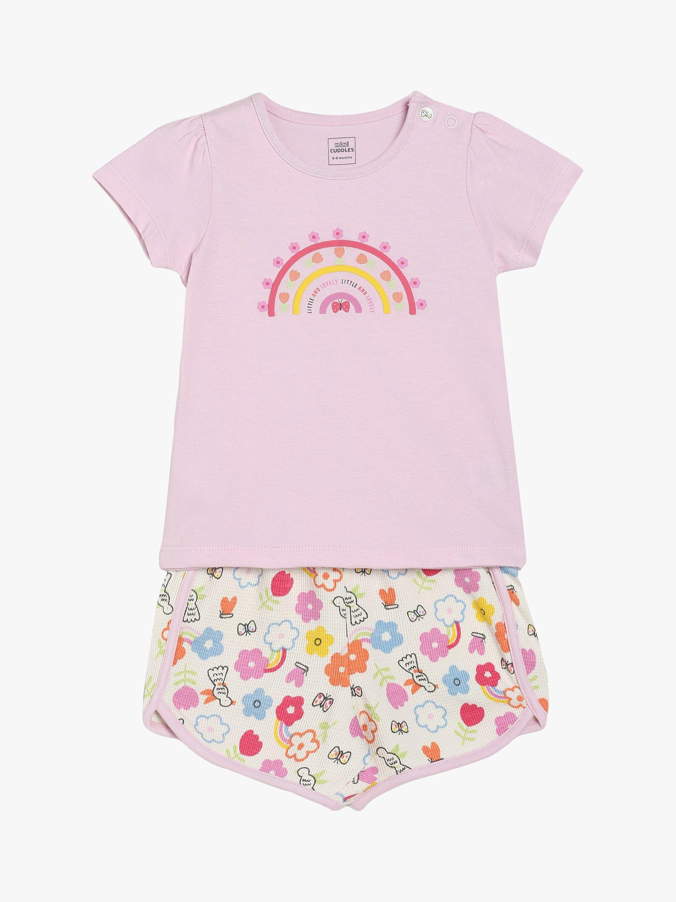 Mini Cuddles Baby Rainbow T-Shirt & Floral Shorts Set, Pink/White
