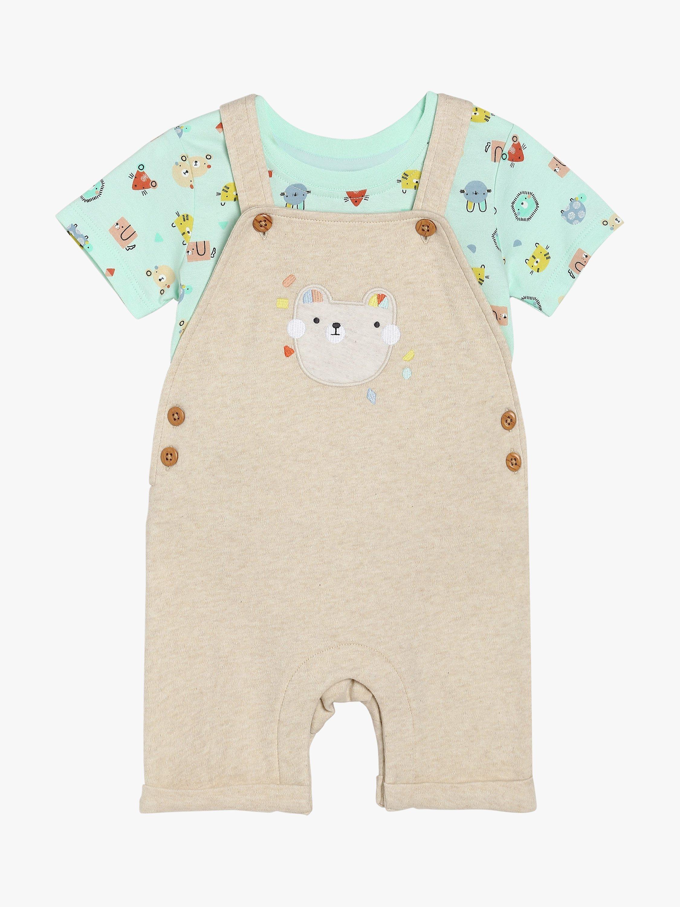 Mini Cuddles Baby Bear Dungaree & T-Shirt Set, Turqoise/Beige