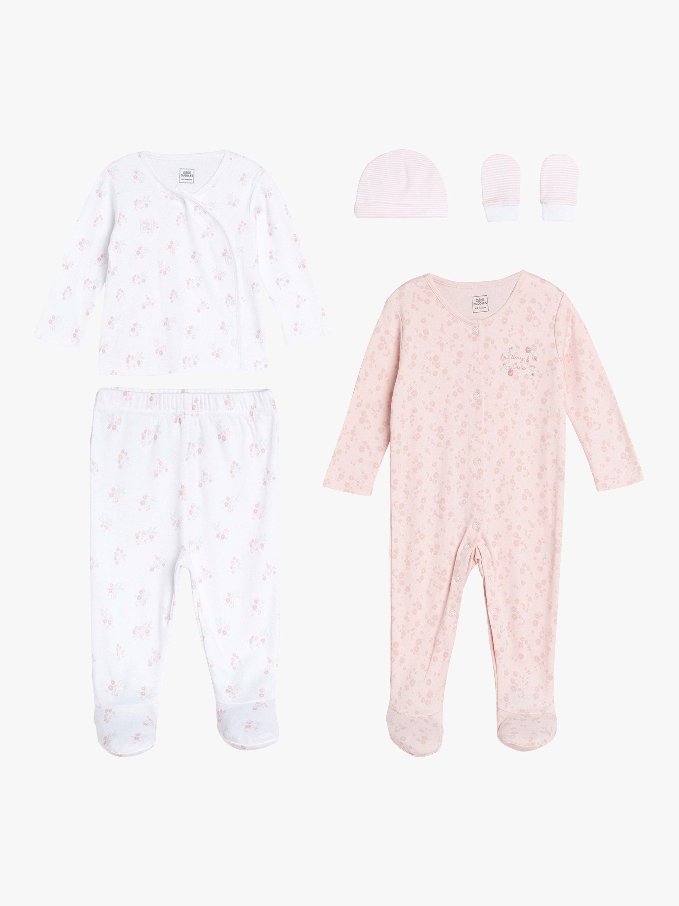 Product image 2 of 8, which shows Mini Cuddles Baby Floral Applique Sleepsuits, Hat & Gloves Set, White/Pink, 6-9 months