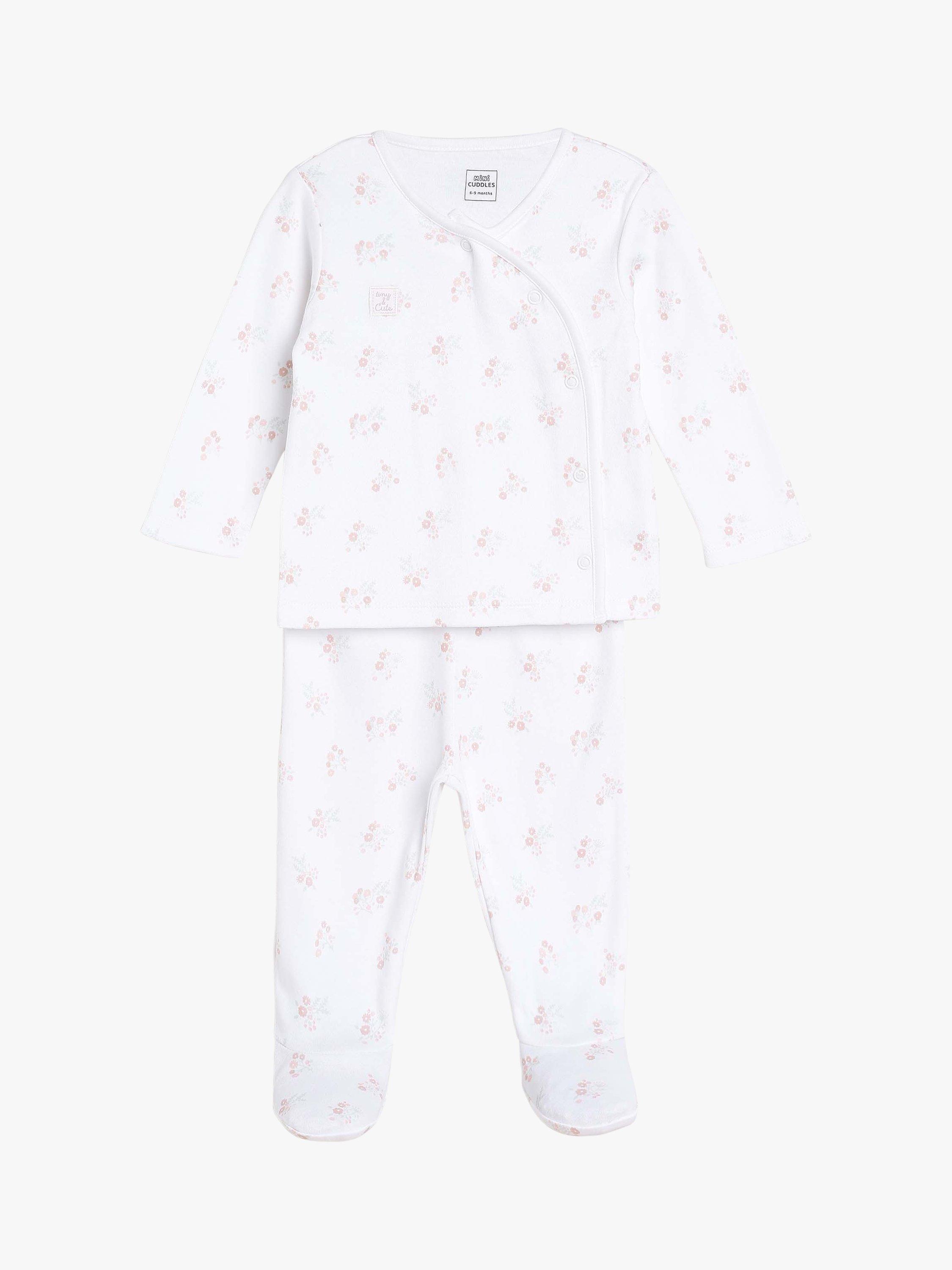 Product image 3 of 8, which shows Mini Cuddles Baby Floral Applique Sleepsuits, Hat & Gloves Set, White/Pink, 6-9 months