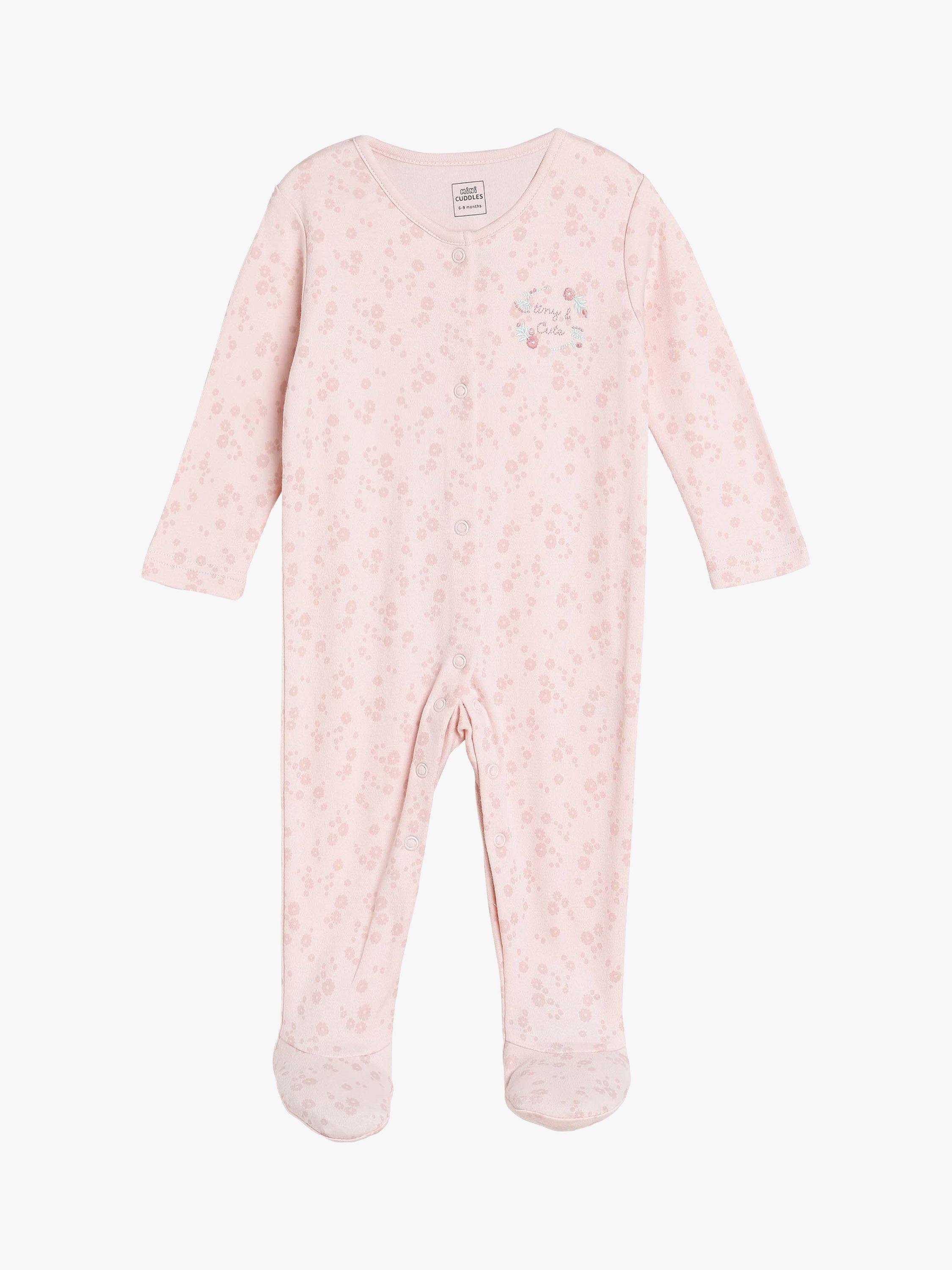 Product image 6 of 8, which shows Mini Cuddles Baby Floral Applique Sleepsuits, Hat & Gloves Set, White/Pink, 6-9 months