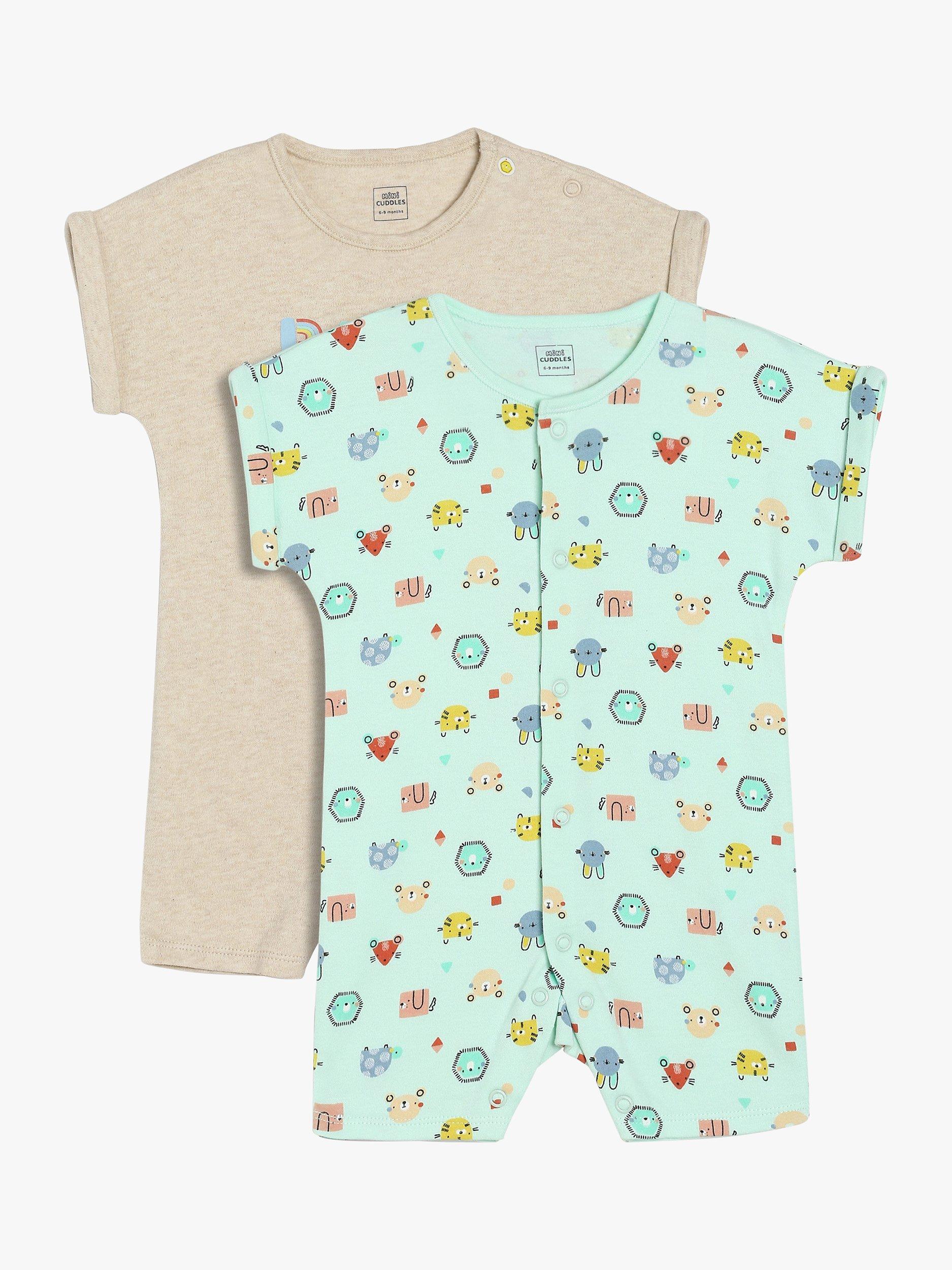 Mini Cuddles Baby Cute Animal Romper, Pack of 2, Turquoise/Beige