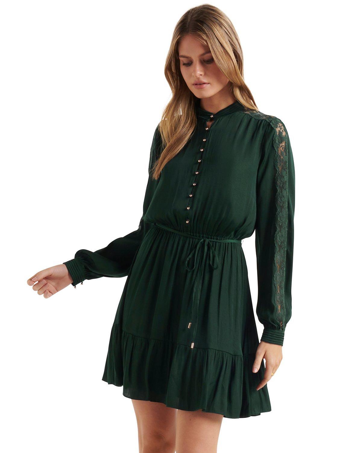 Forever New Clemence Lace Detail Mini Dress, Dark Green
