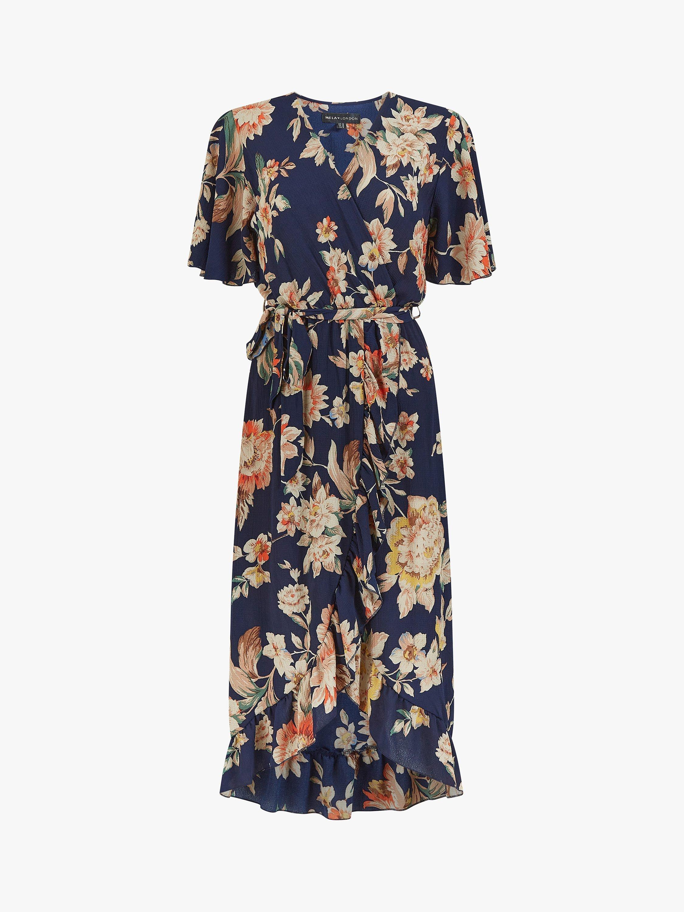 Mela London Floral Print Midi Wrap Dress, Navy/Multi, 8