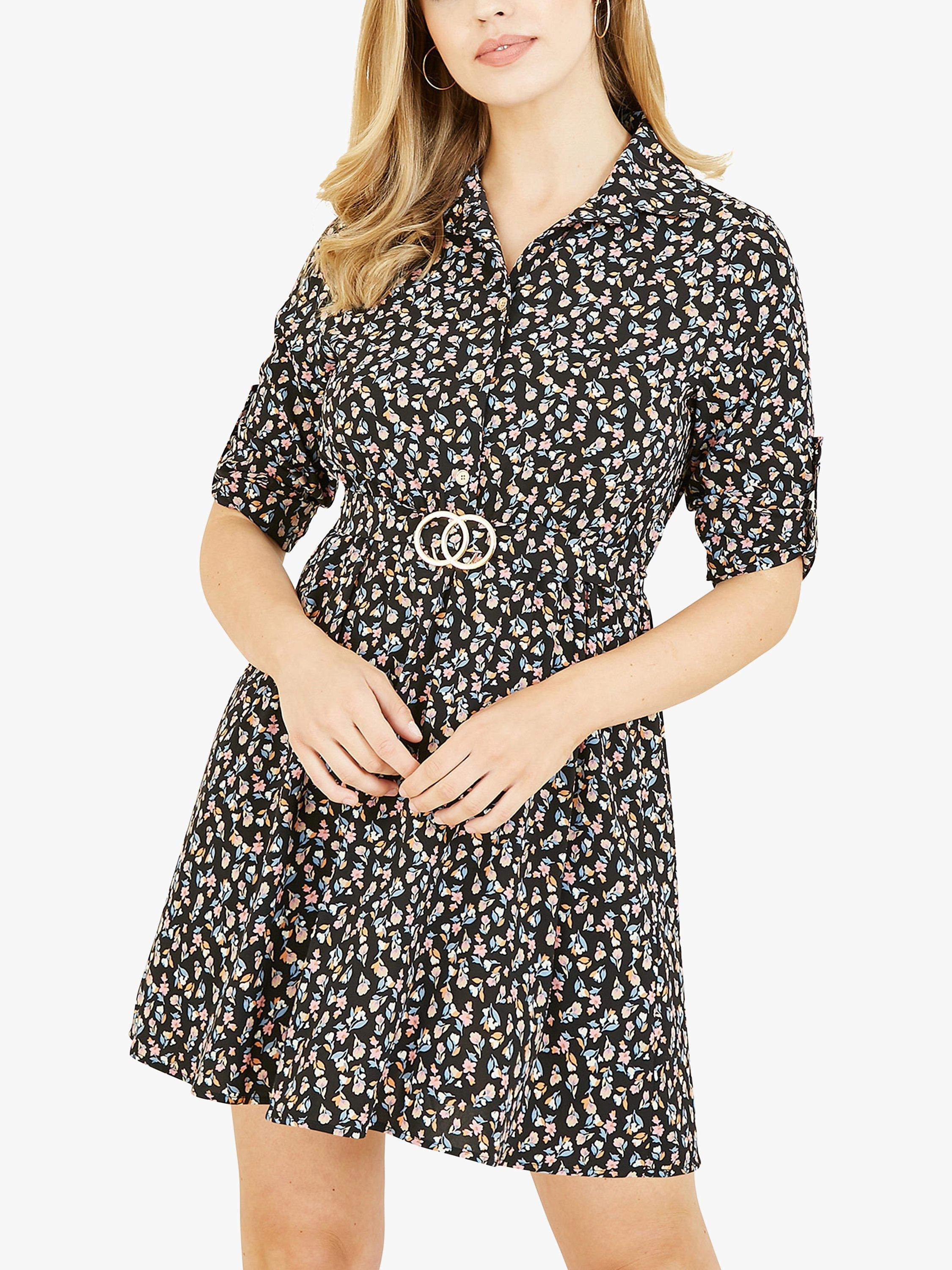 Mela London Floral Belted Buckle Shirt Dress, Black