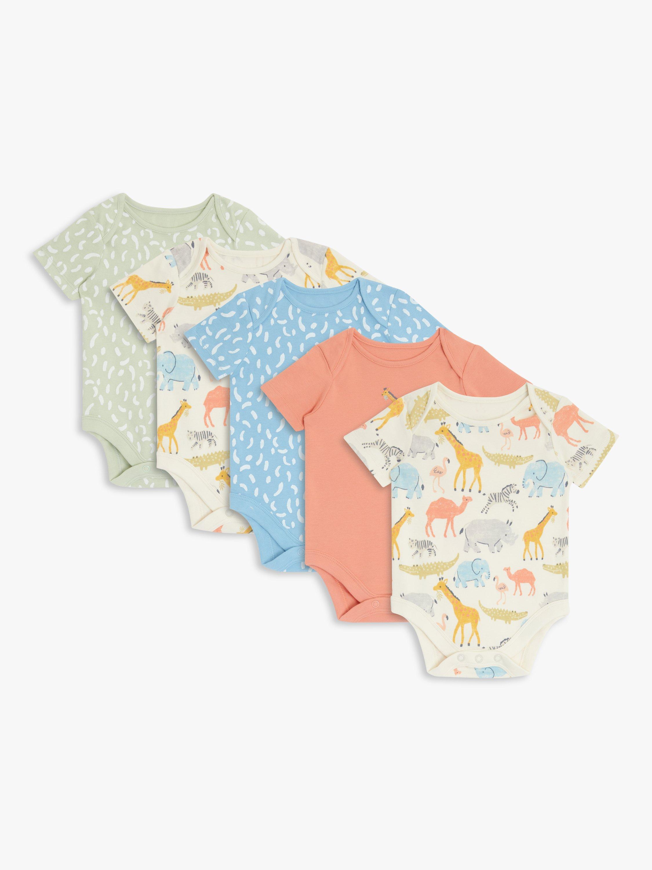 John Lewis Baby Safari Animal Bodysuit, Pack of 5, Multi