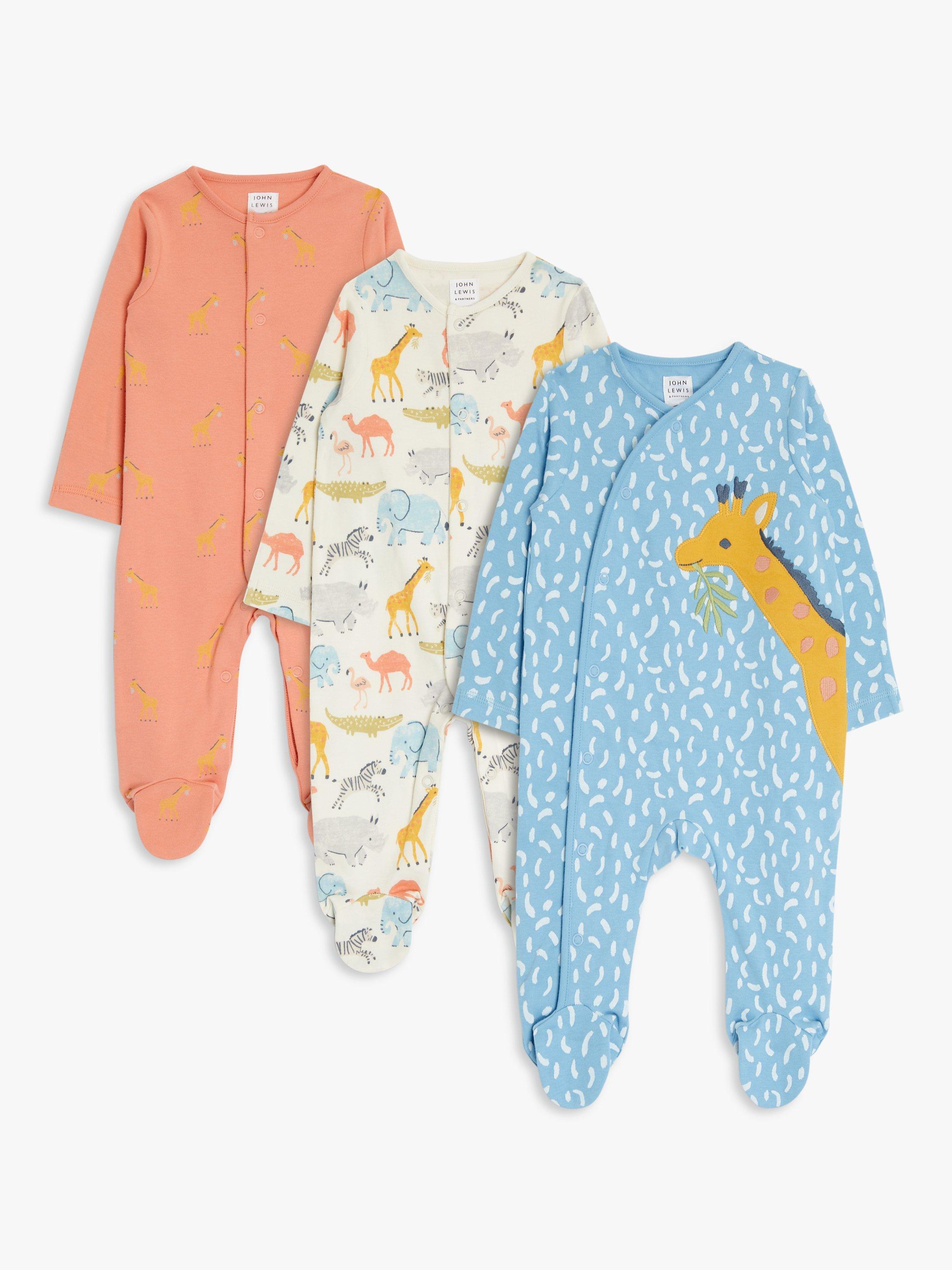 John Lewis Baby Giraffe Sleepsuit, Pack of 3, Multi
