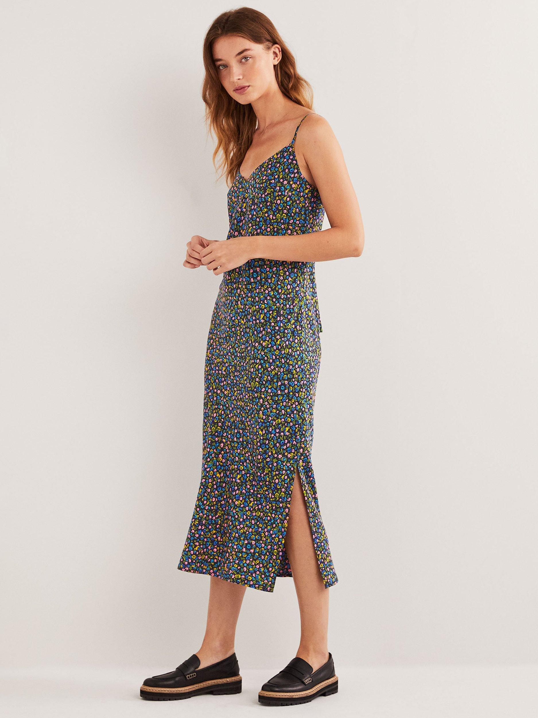 Product image 3 of 6, which shows Boden Elena Floral Terrace Print Midi Slip Dress, Navy/Multi, 14