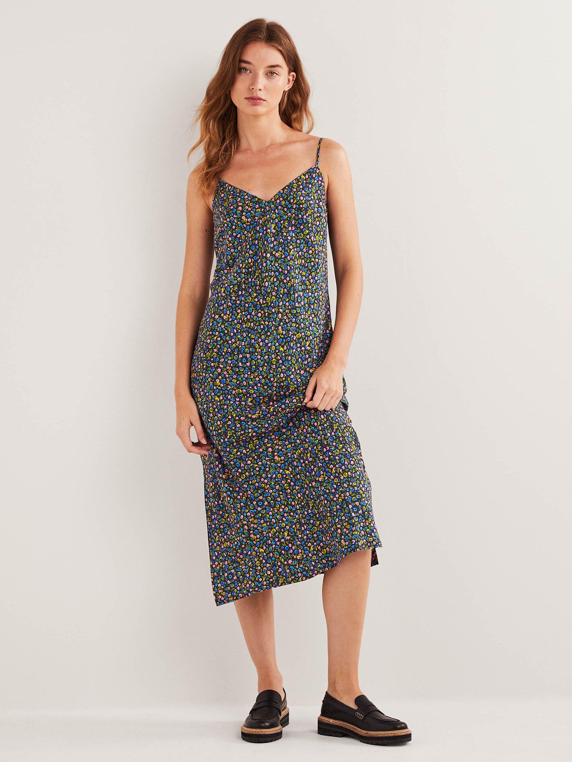 Product image 1 of 6, which shows Boden Elena Floral Terrace Print Midi Slip Dress, Navy/Multi, 14